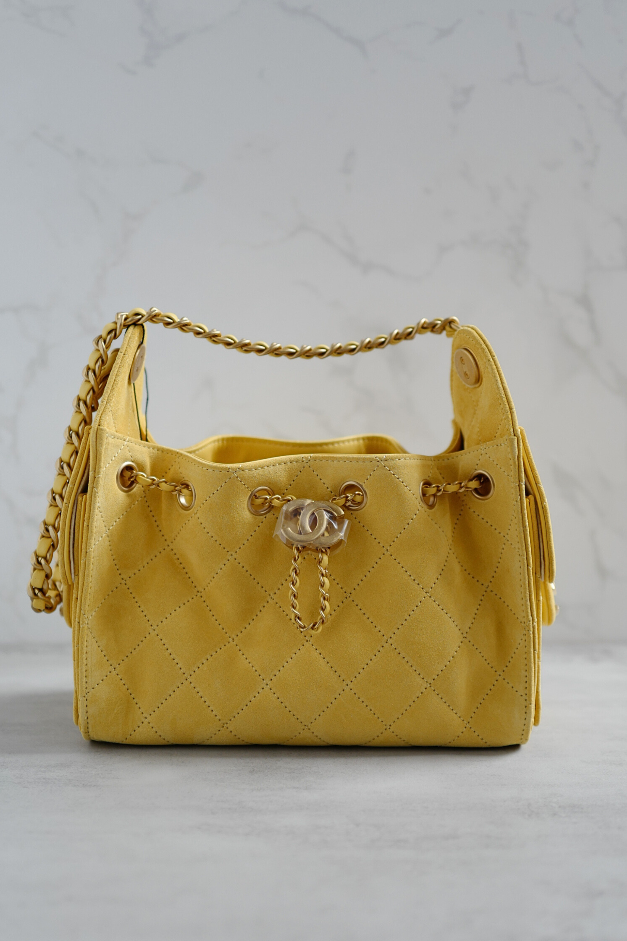 NEW Chanel 26C Mini Hobo Shoulder Bag in Yellow Suede with Gold Hardware