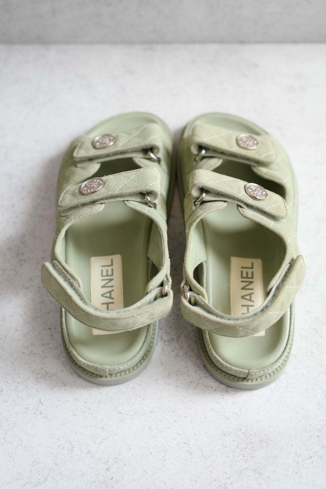 Chanel DAD SANDALS Green SUEDE LEATHER SANDAL Size 37 BNIB