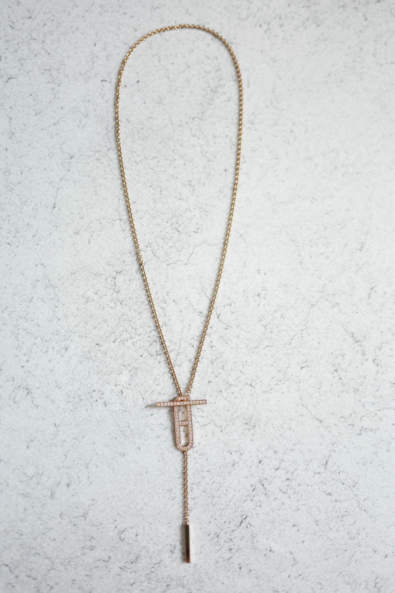 NEW Hermes Ever Chaine d'ancre Lariat Necklace Rose Gold 54 Diamonds