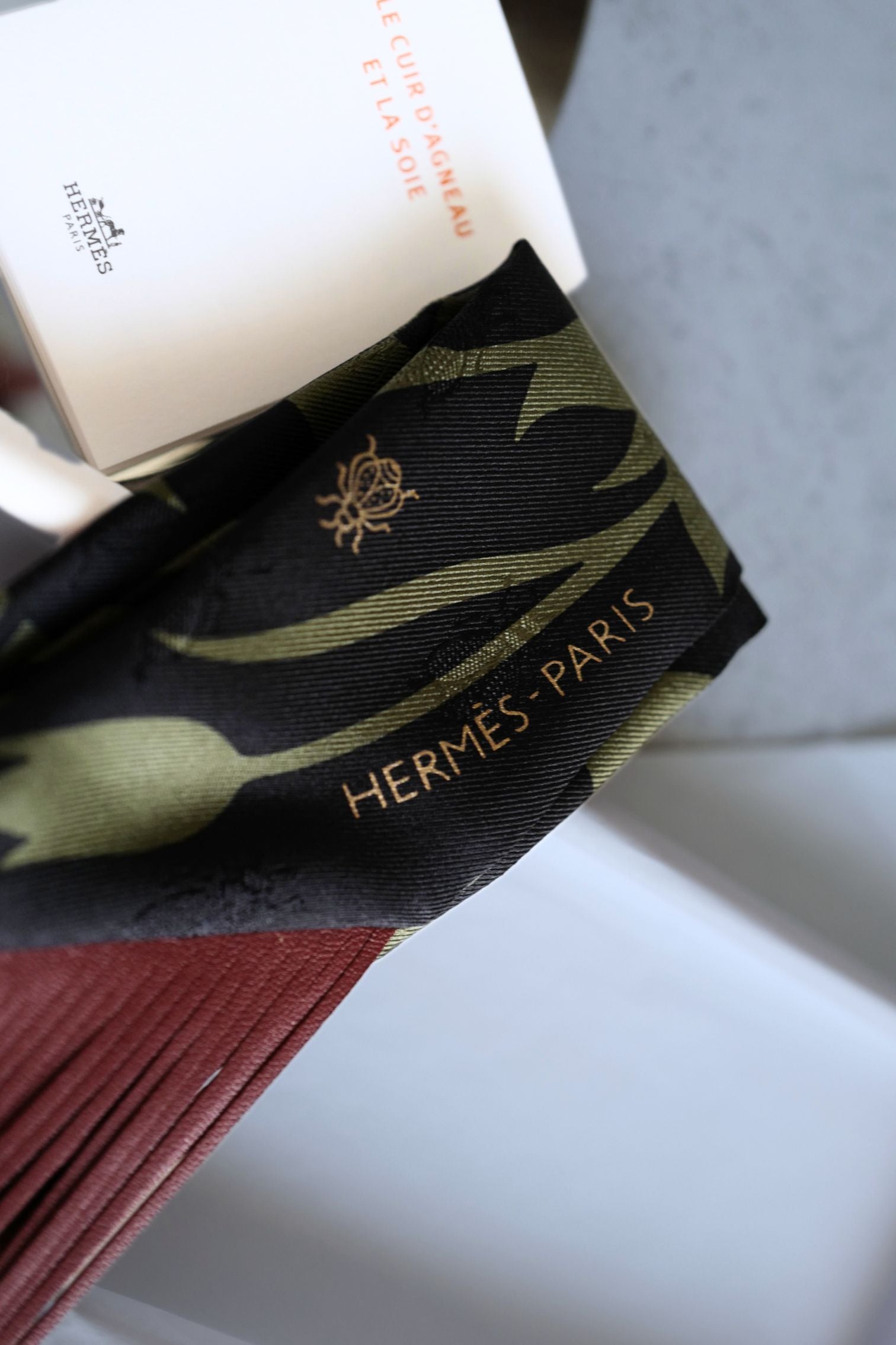 Hermès Twilly Bouquet Final Silk Noir/Vert Loden/Rouge H with Leather Fringe