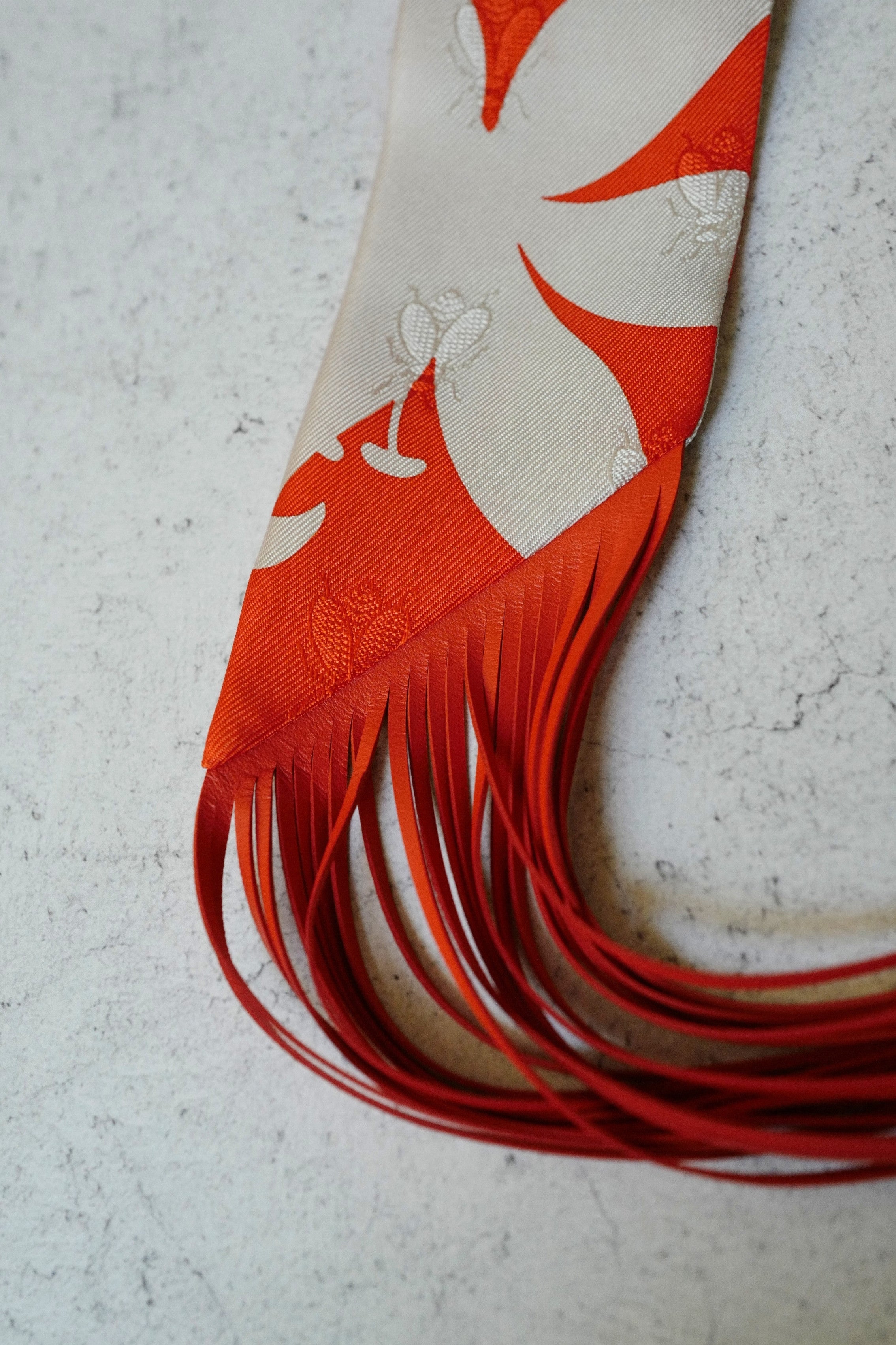 Hermès Twilly Bouquet Final Silk Gris Perle Vermillon with Leather Fringe