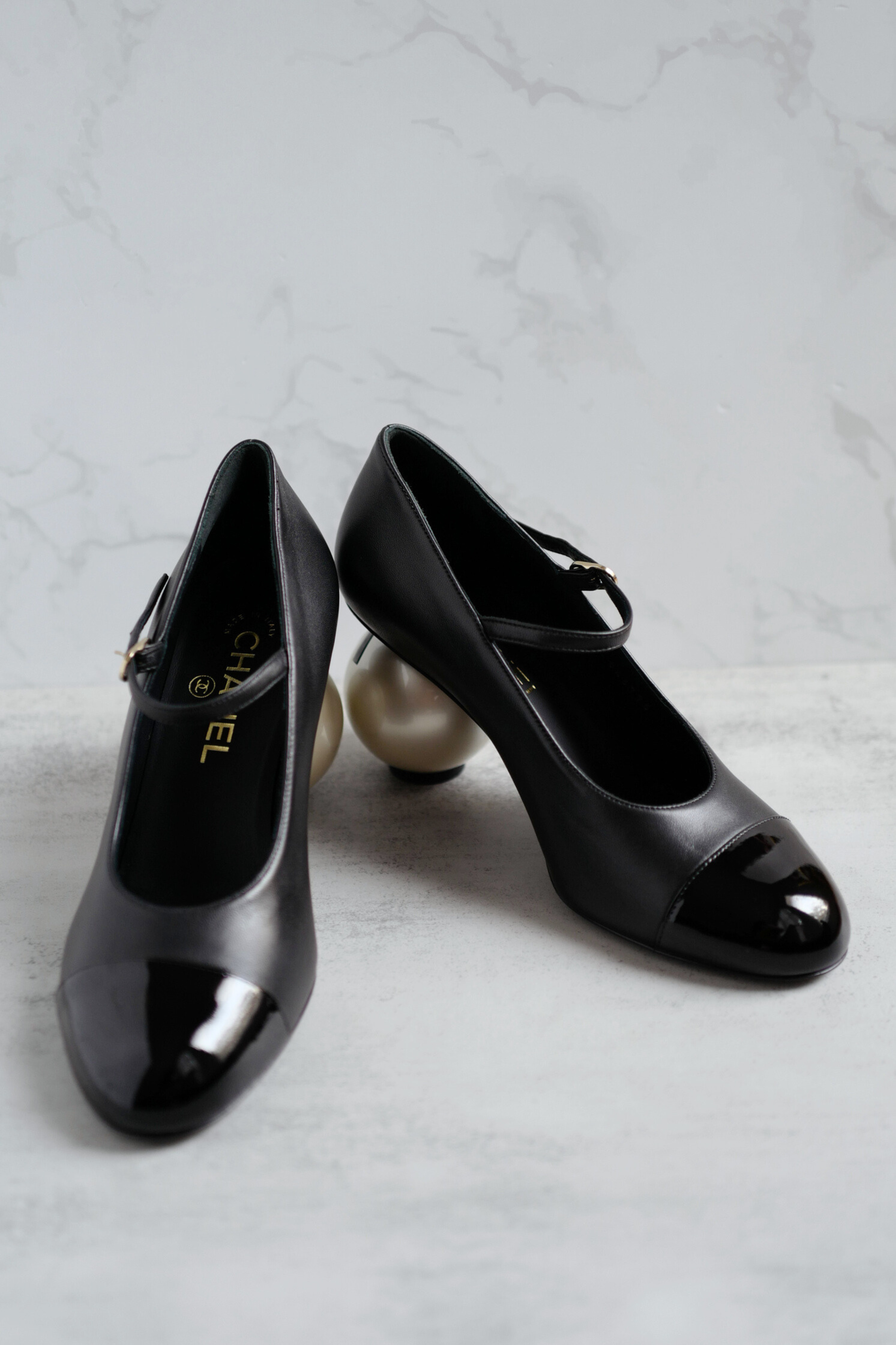 Chanel Mary Jane Black Leather Cap Toe Heels Size 37.5