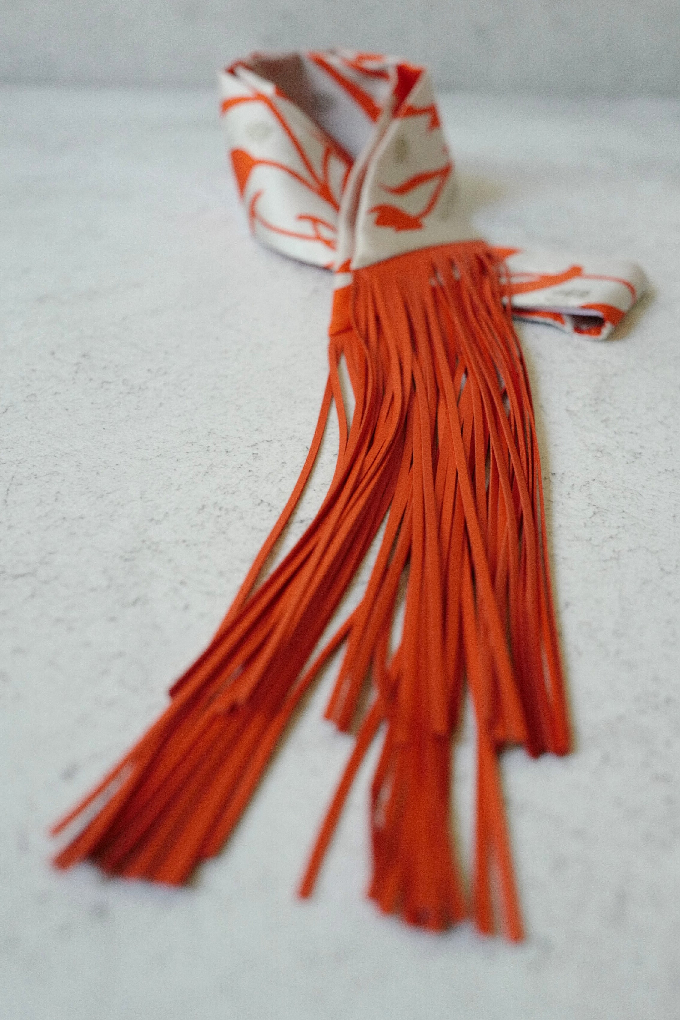 Hermès Twilly Bouquet Final Silk Gris Perle Vermillon with Leather Fringe