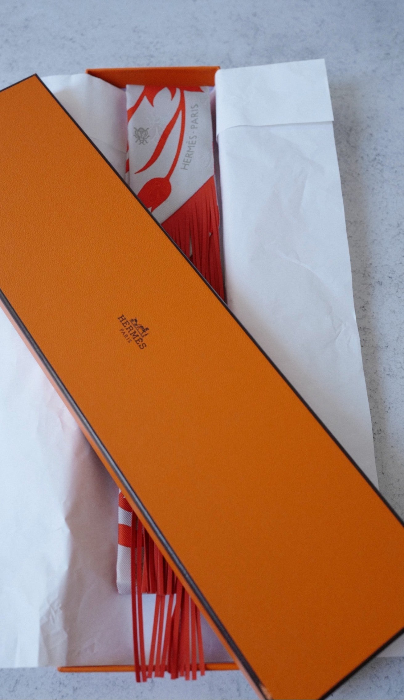 Hermès Twilly Bouquet Final Silk Gris Perle Vermillon with Leather Fringe