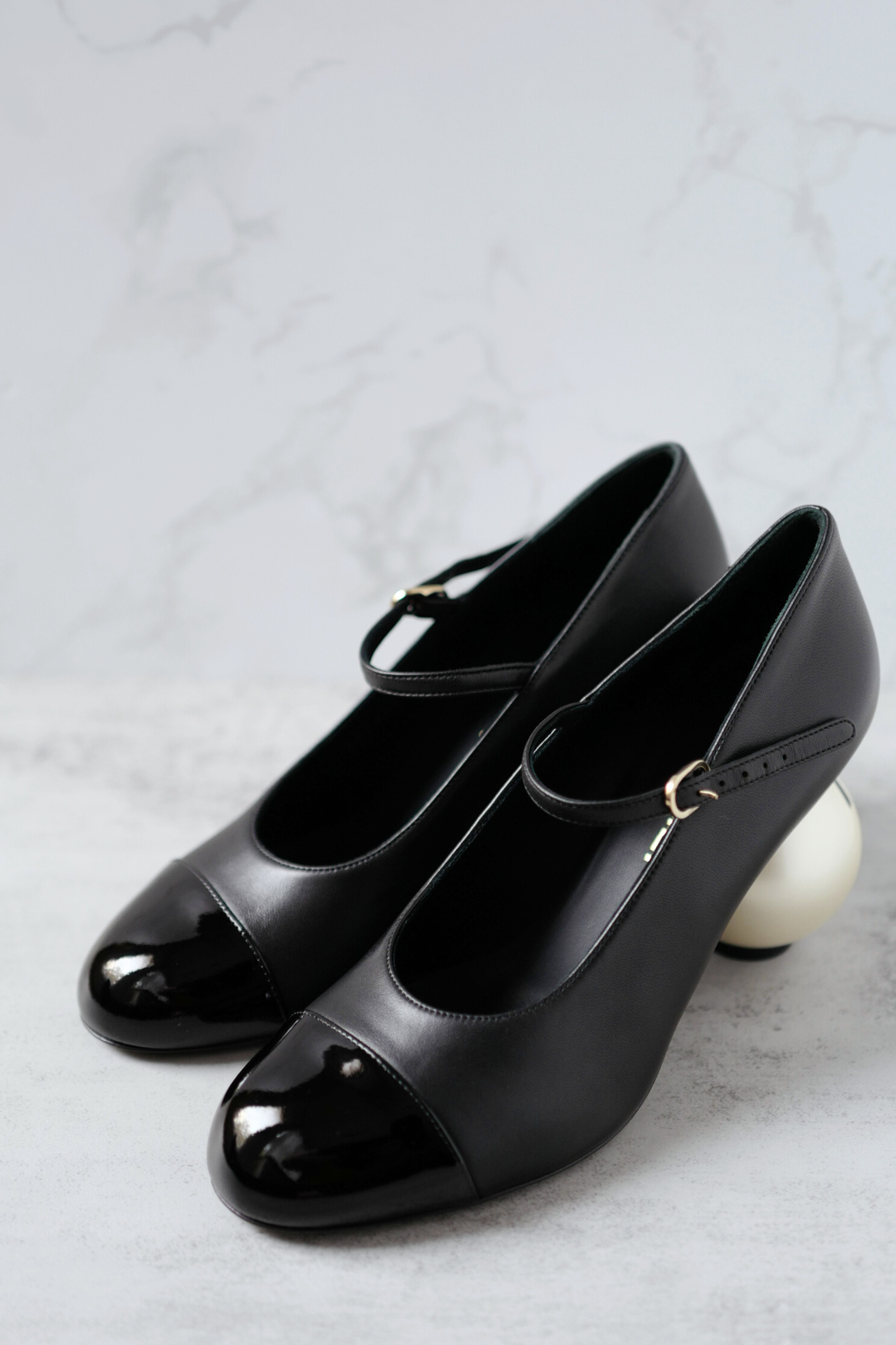 Chanel Mary Jane Black Leather Cap Toe Heels Size 37.5