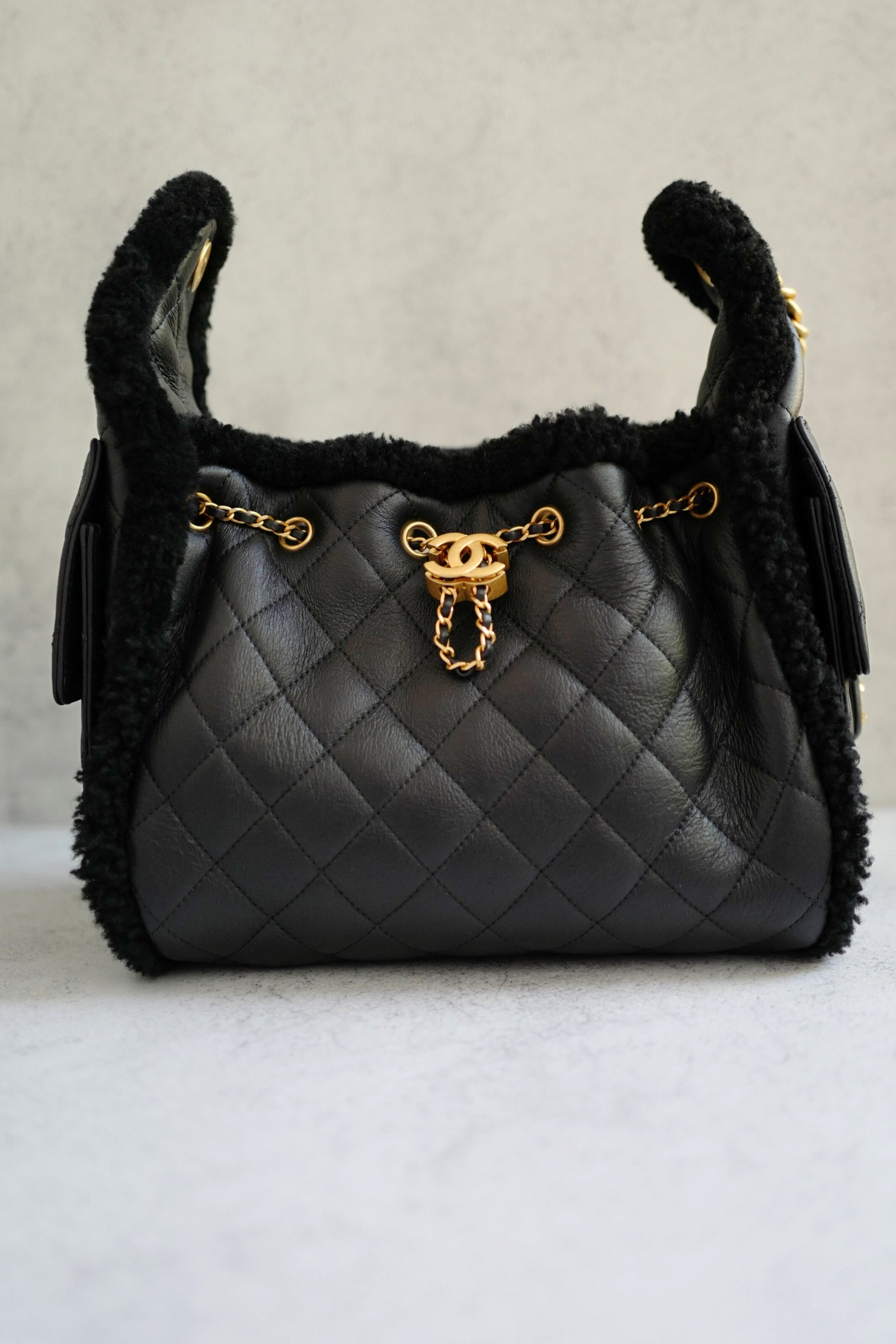 Chanel 25K Small Hobo Bag in Black Shearling and Calfskin Leather Gold Hardware