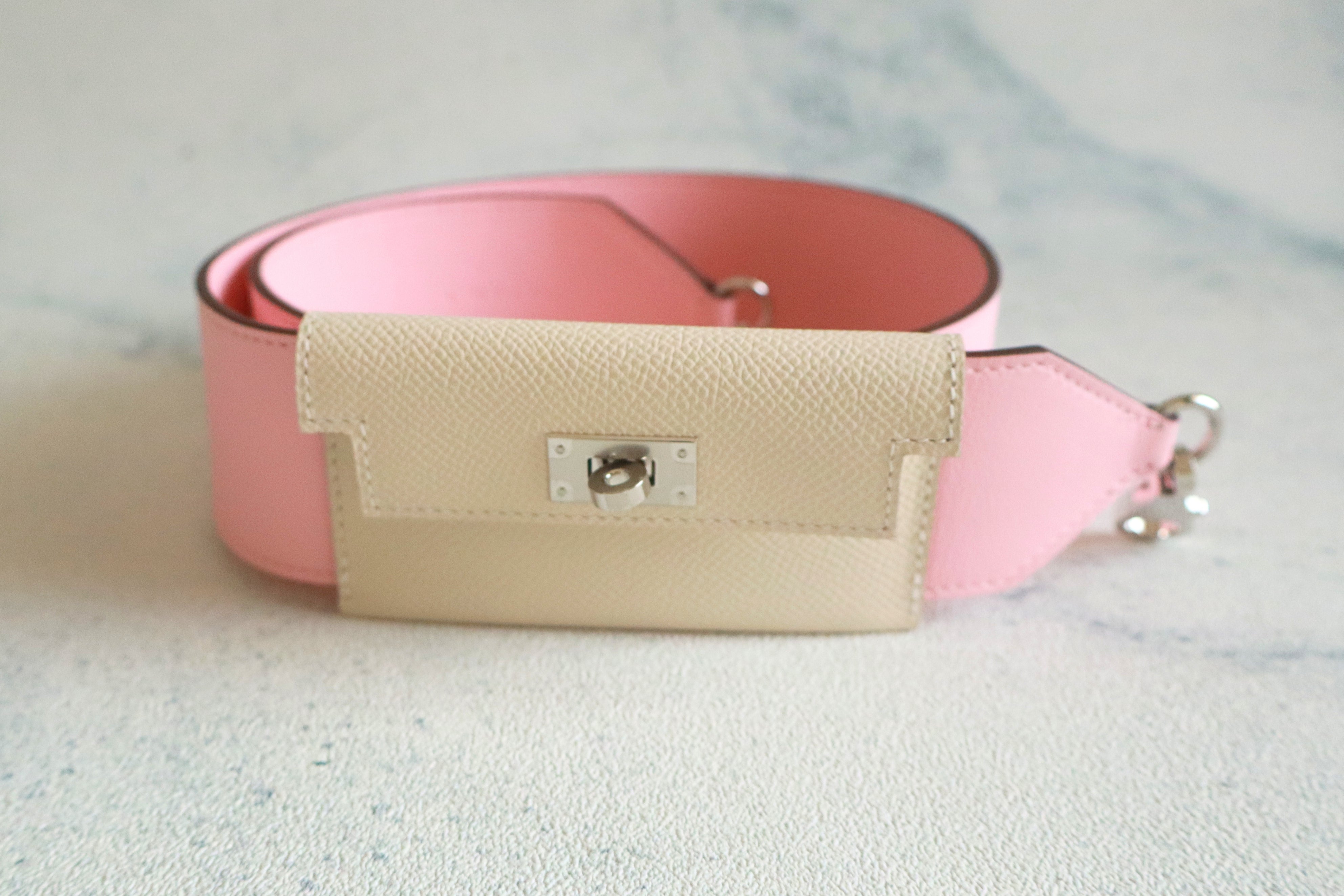 NEW Hermes Kelly Pocket Bag Strap Rose Sakura/Craie Swift Epsom Calfskin 85 cm