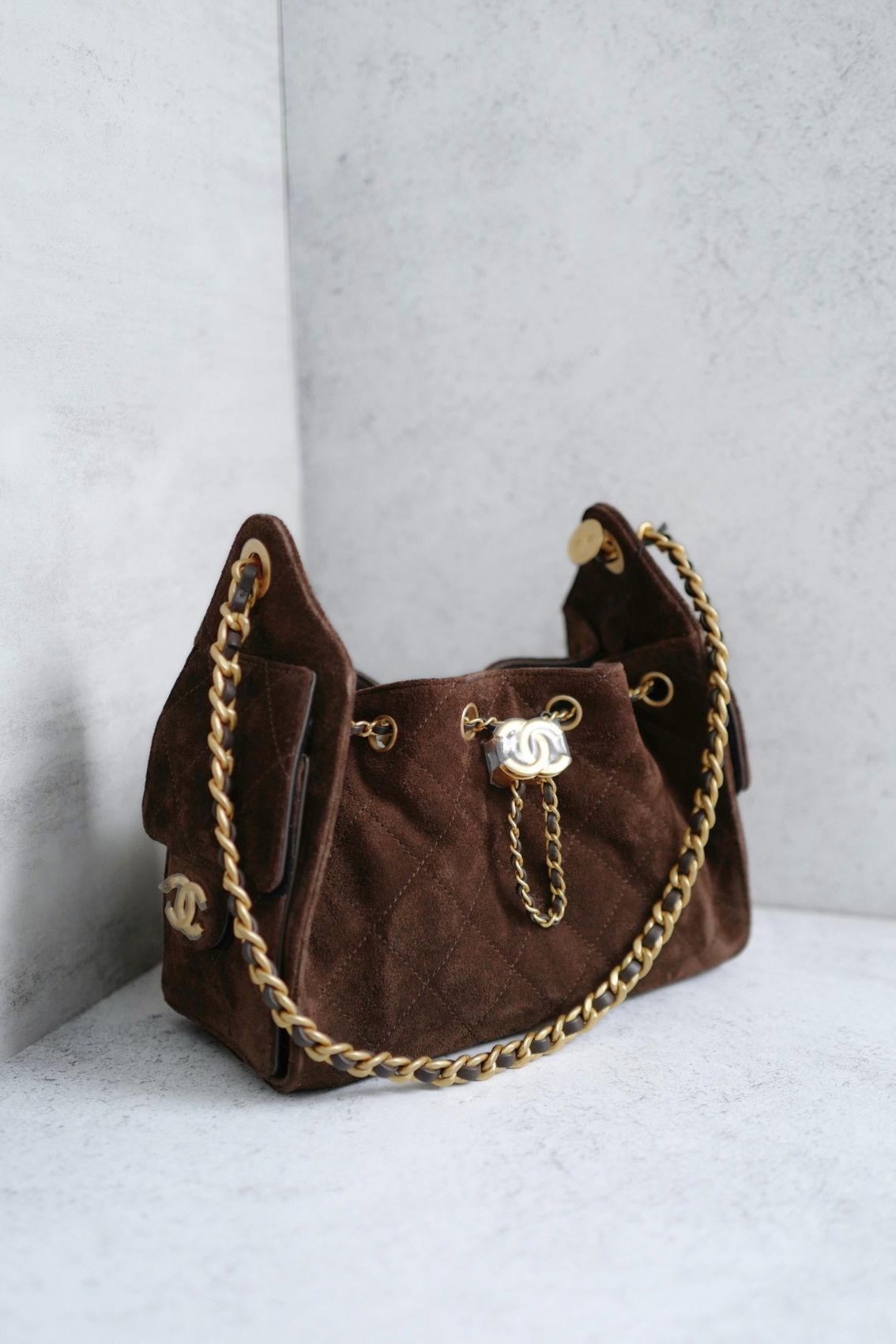 NEW Chanel 26C Mini Hobo Dark Brown Suede Gold Hardware