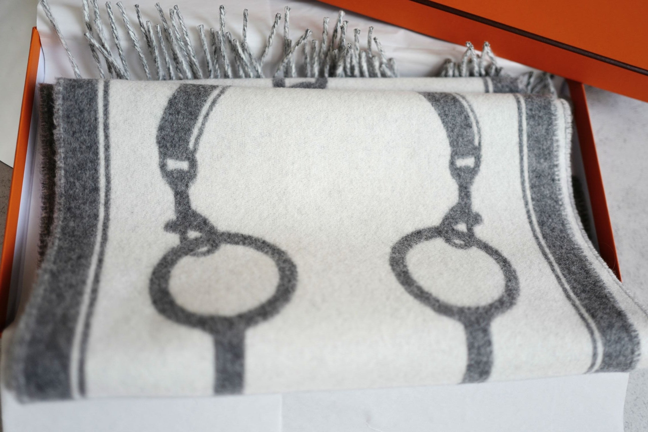 Hermès Casaque Mors Cashmere Scarf in Ivoire Gris Flanelle