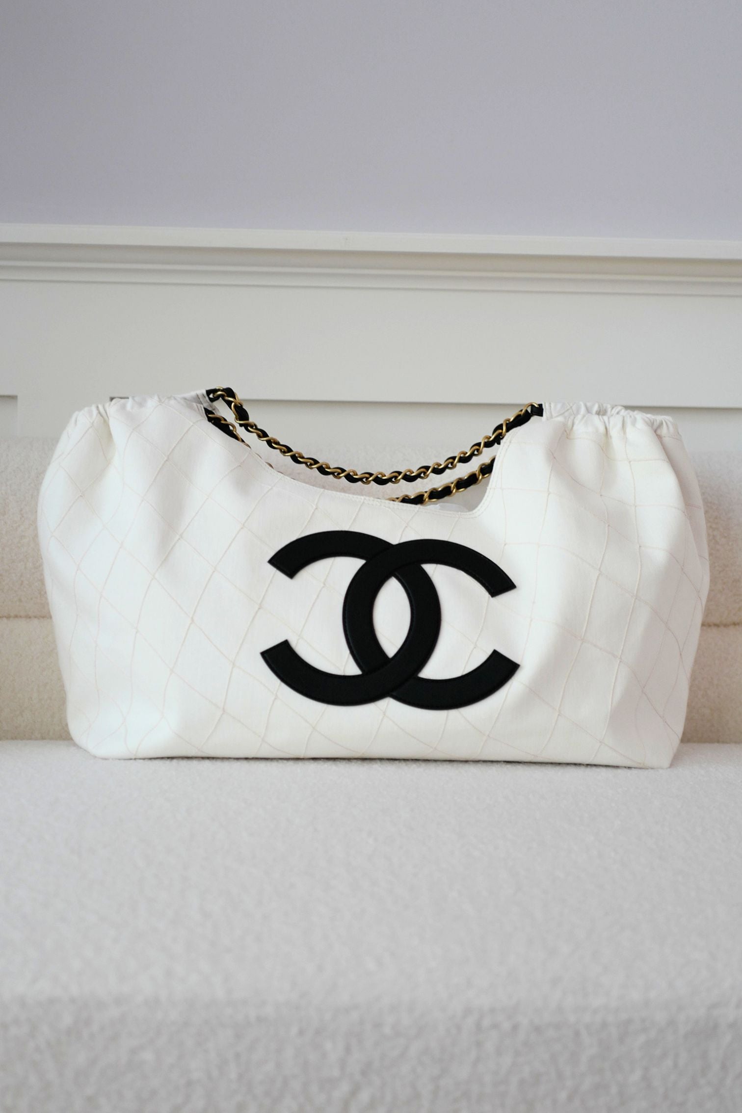 Chanel 26M Coco Beach Small Tote White Black Denim Calfskin Gold Hardware