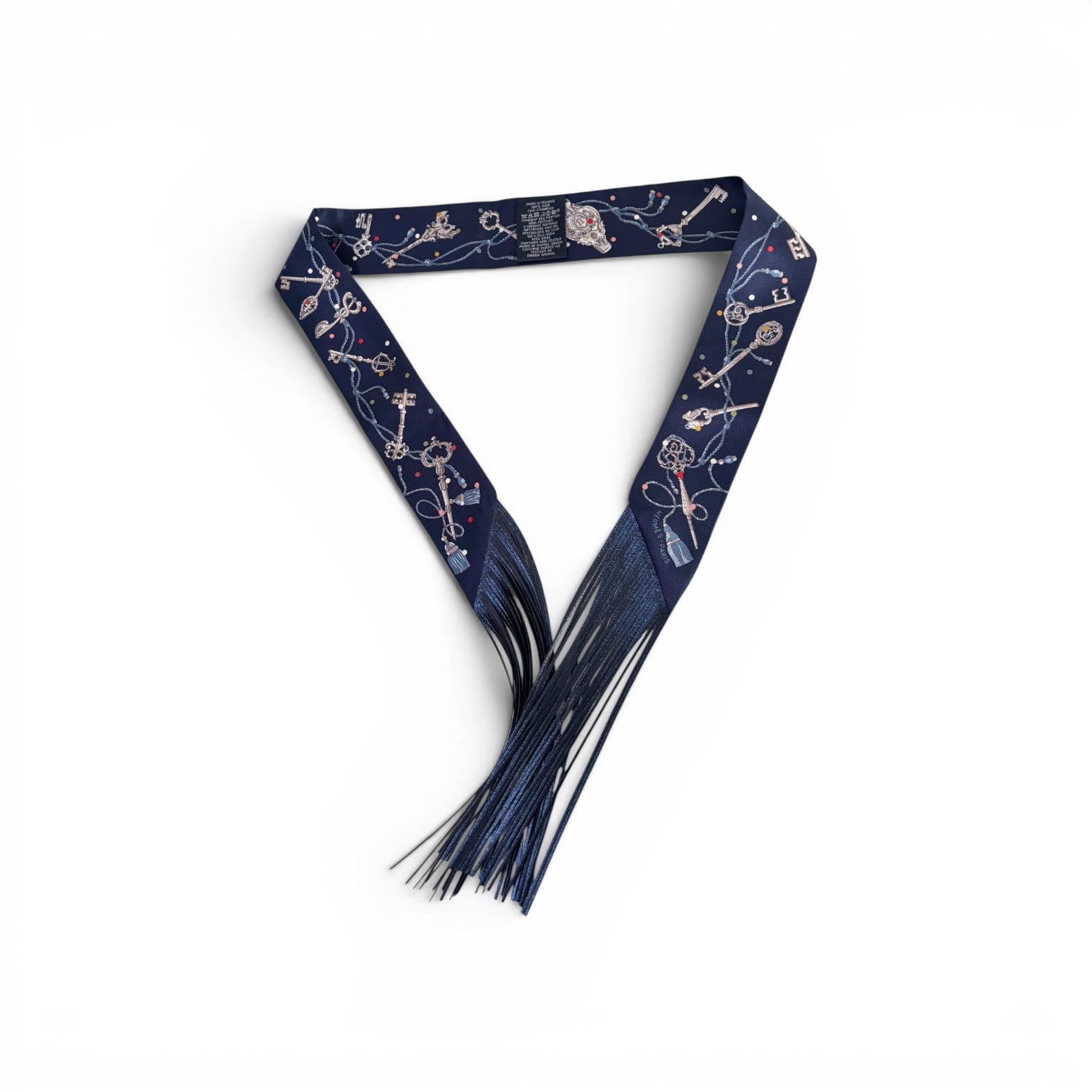 Hermes Twilly Les Cles a Pois Leather Fringes Bleu Marine/Gris Argent/Multicolor