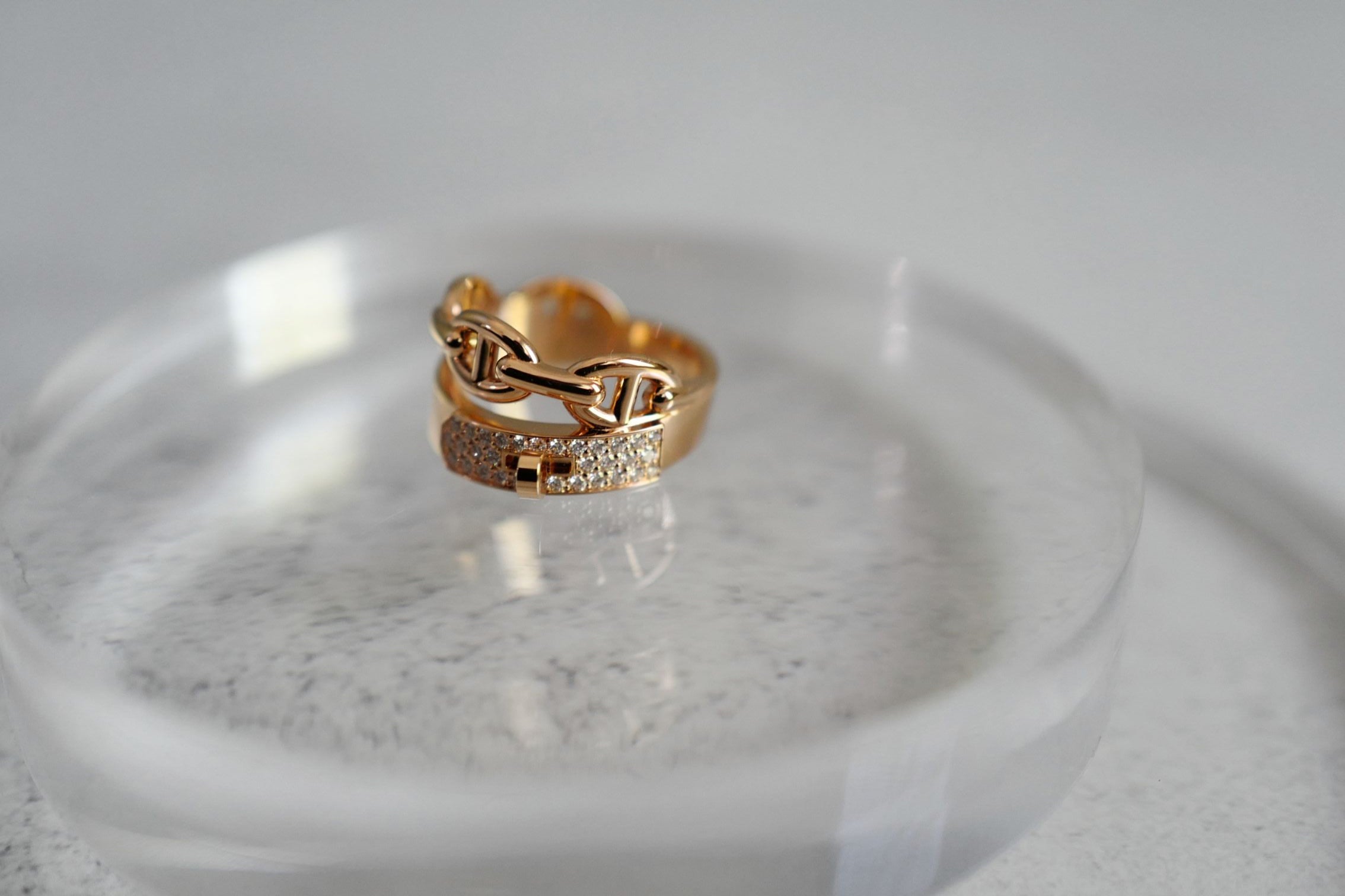 Hermès Kelly Alchimie Double Tour Ring 18K Rose Gold 32 Diamonds Size 53