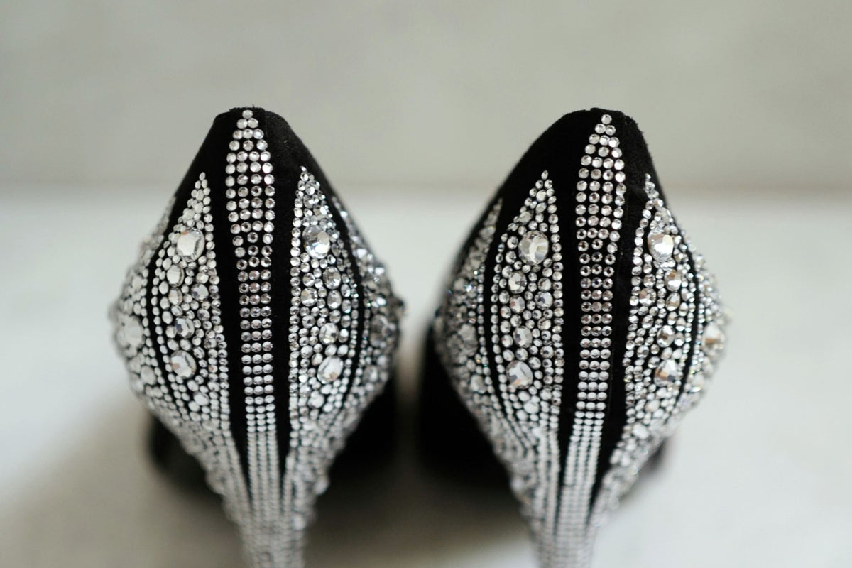 Chanel 26A Metiers d'Art Pumps Suede Kidskin Strass Black & Silver Size 37.5
