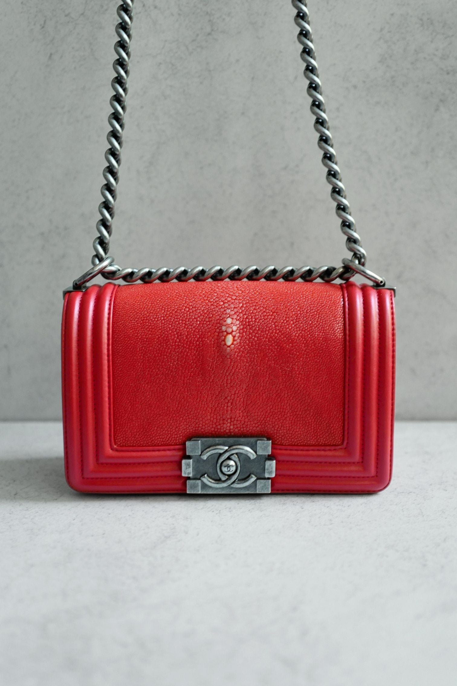 Preloved Chanel Boy Red Small In Stingray Ruthenium HW Limited Edition