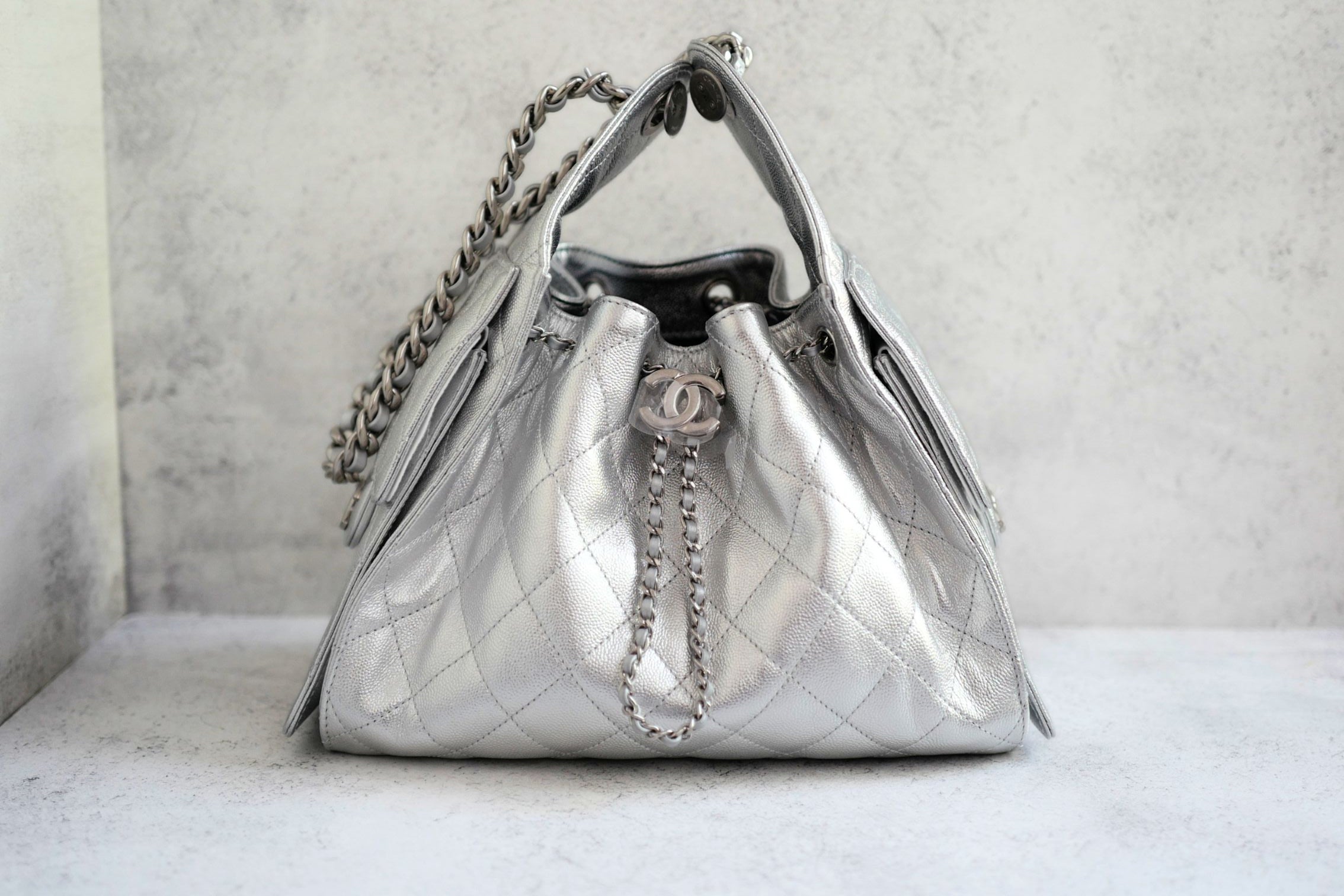 Chanel 26C Small Hobo Silver Metallic Grained Calfskin Silver Hardware