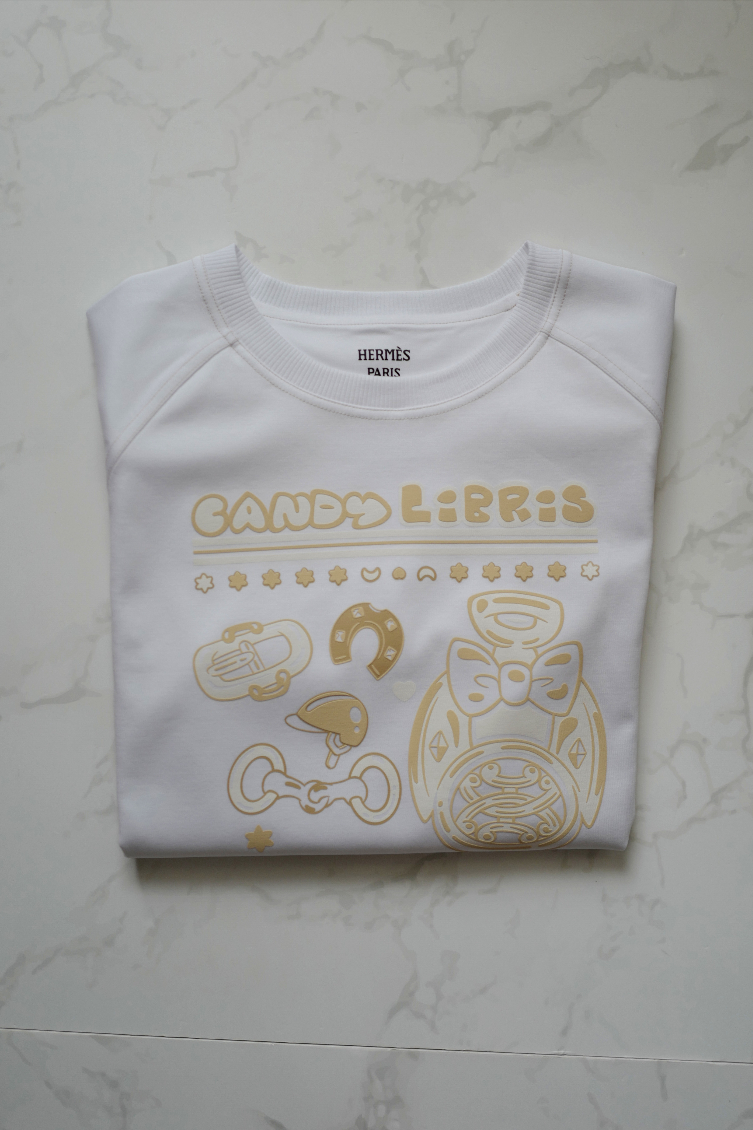 NEW Hermès Candy Libris Print T-Shirt White Cotton Size 38