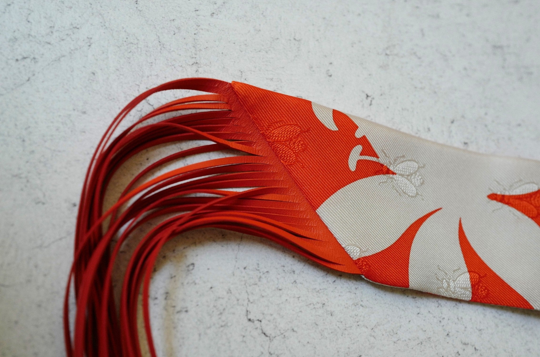 Hermès Twilly Bouquet Final Silk Gris Perle Vermillon with Leather Fringe