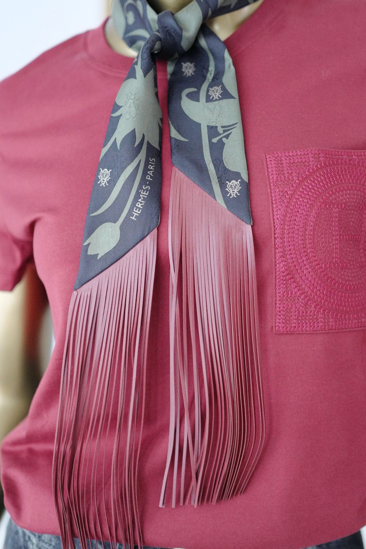 Hermès Twilly Bouquet Final Silk Noir/Vert Loden/Rouge H with Leather Fringe