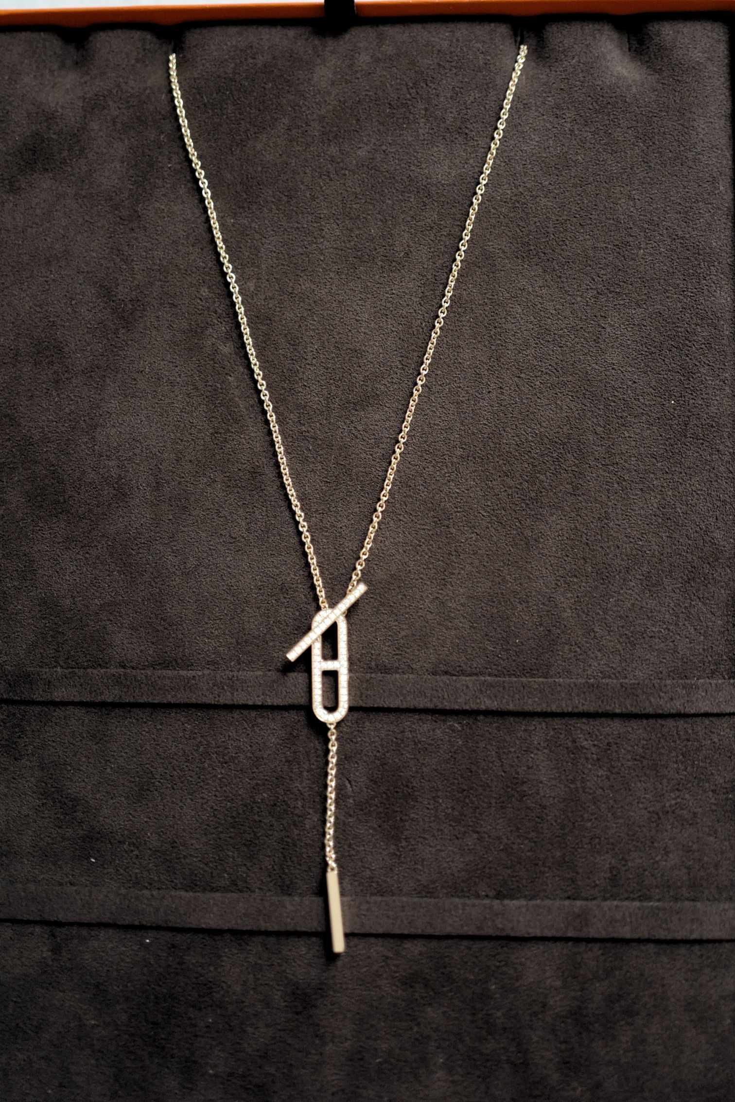NEW Hermes Ever Chaine d'ancre Lariat Necklace Rose Gold 54 Diamonds