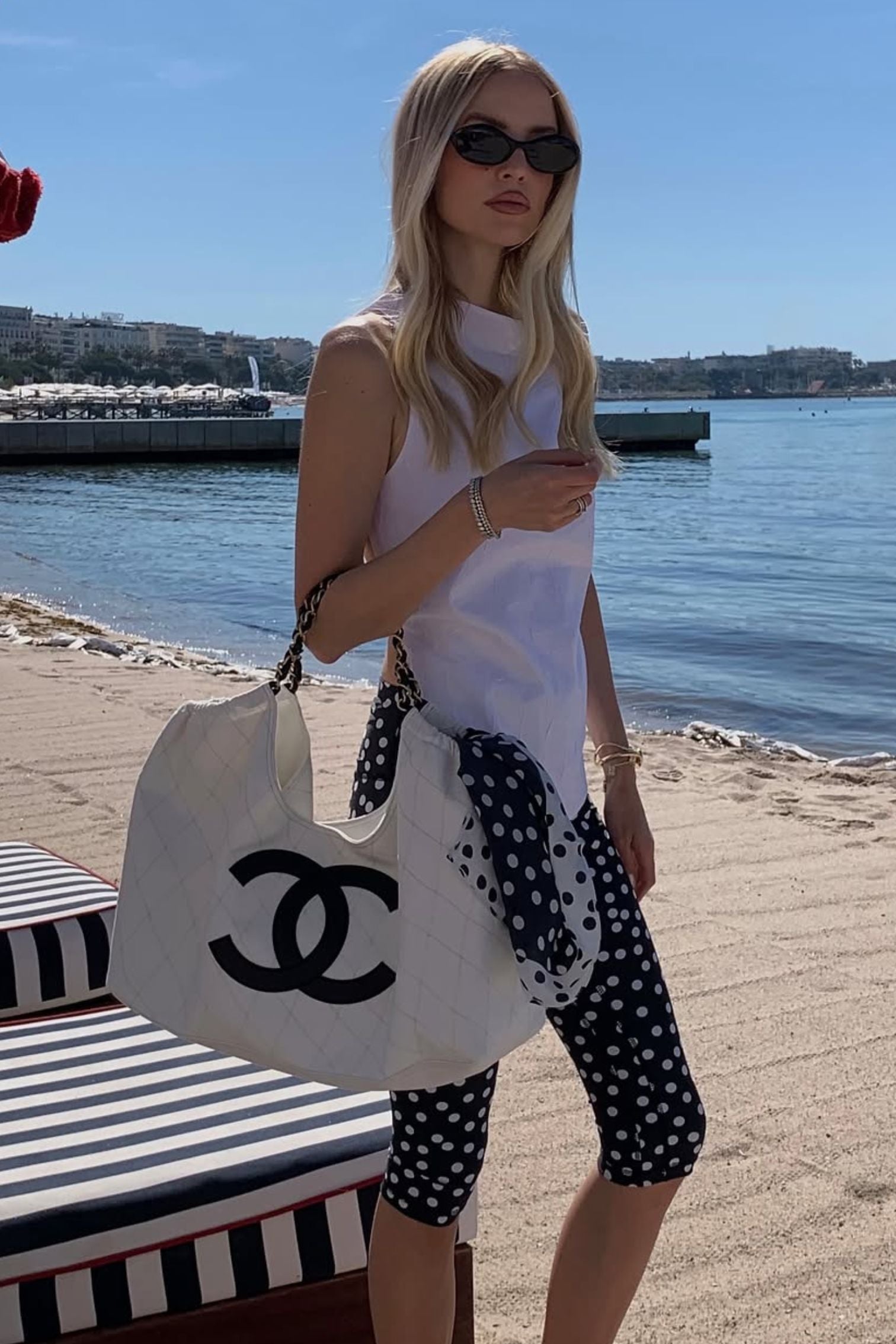 Chanel 26M Coco Beach Small Tote White Black Denim Calfskin Gold Hardware