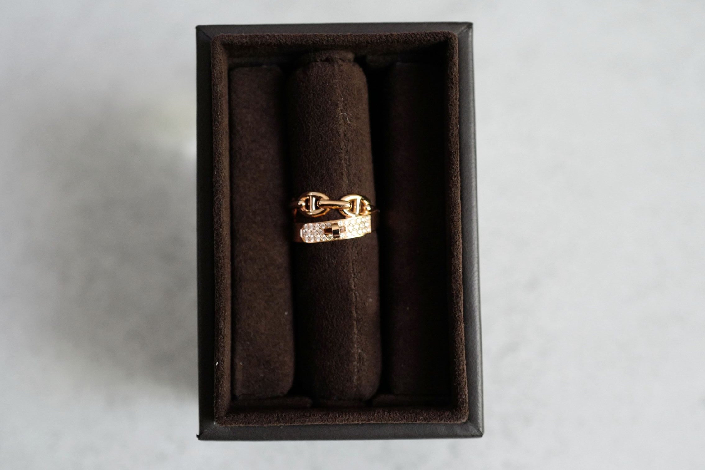 Hermès Kelly Alchimie Double Tour Ring 18K Rose Gold 32 Diamonds Size 53