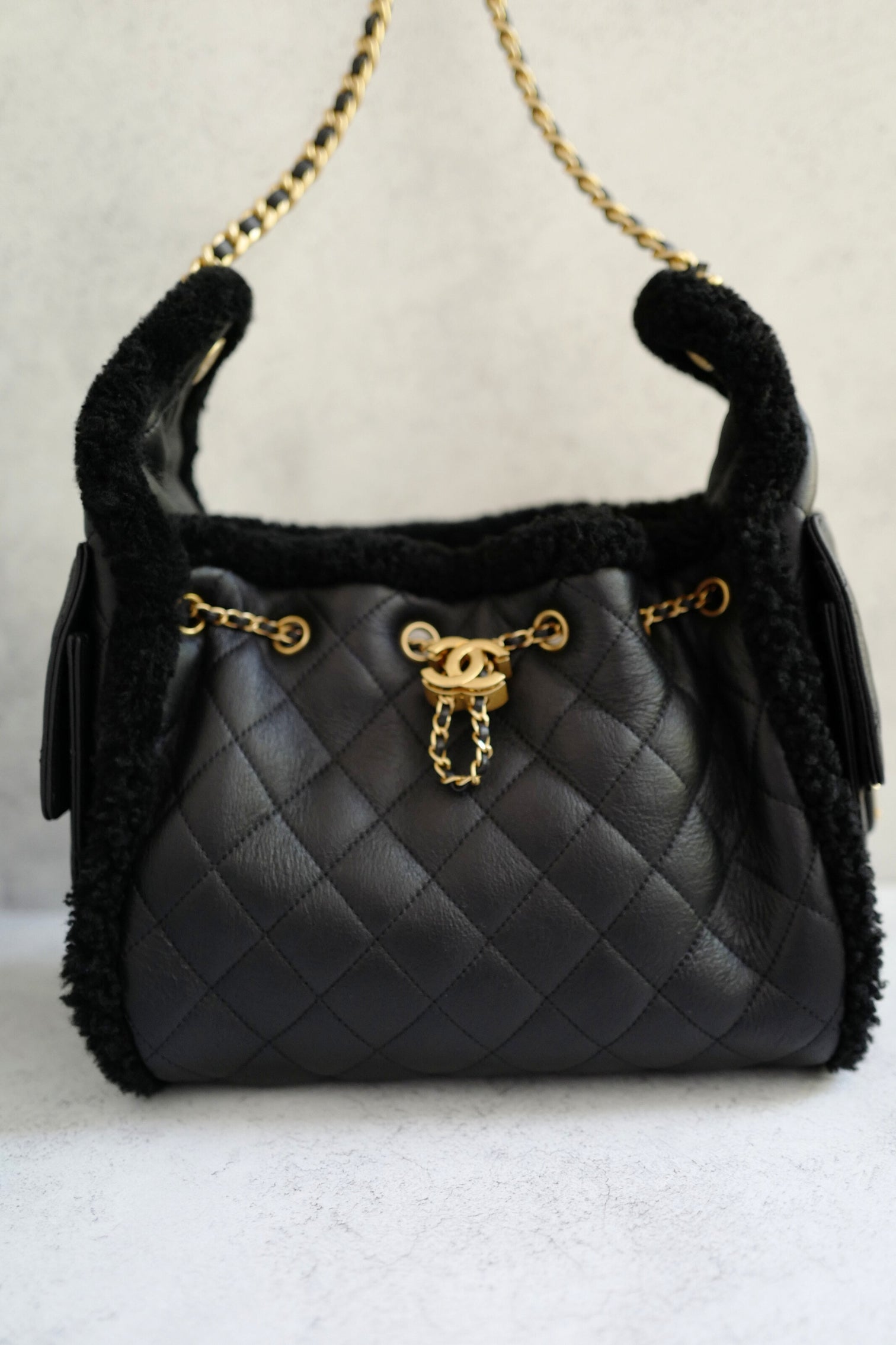 Chanel 25K Small Hobo Bag in Black Shearling and Calfskin Leather Gold