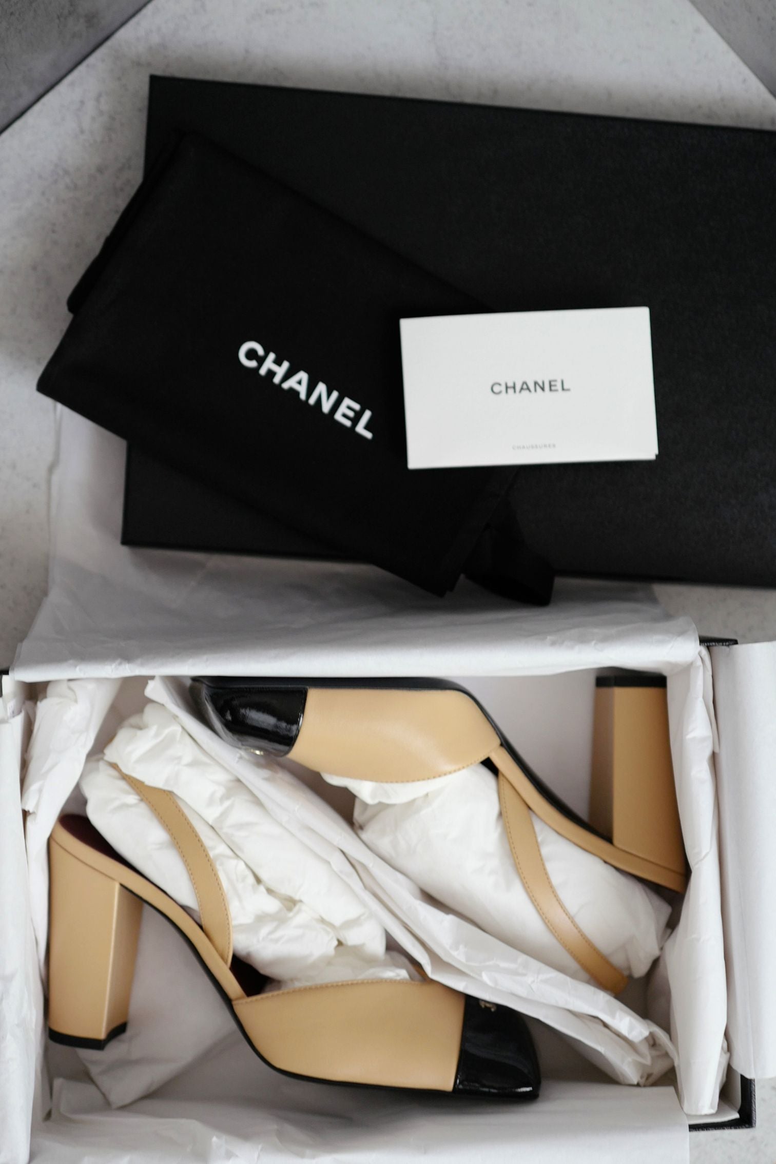 Chanel 26s Slingbacks Matthieu Blazy's Beige Black Lambskin Calfskin Size 38