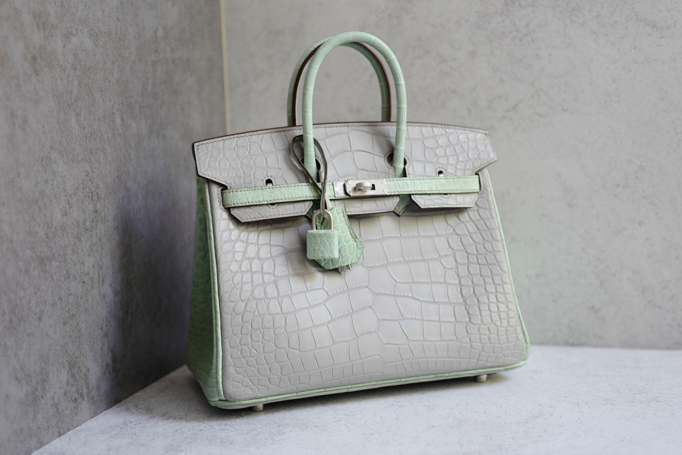 Hermès Birkin 25 HSS Gris Perle Vert D'eau Matte Crocodile Brushed PHW