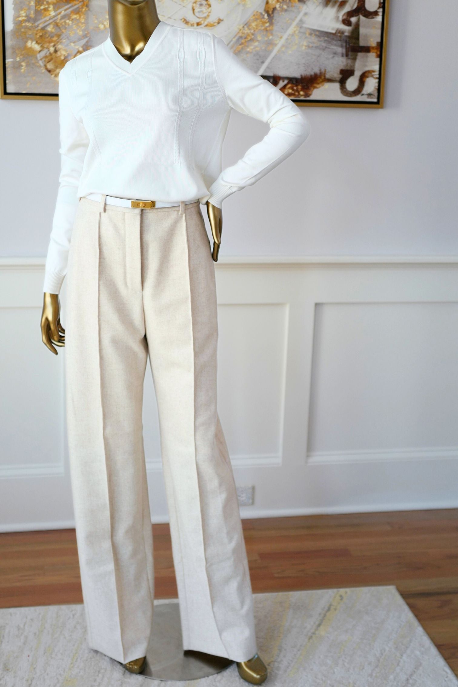 Hermès Long-Sleeve Textured Silk Cotton V-Neck Sweater Blanc Naturel Size 36