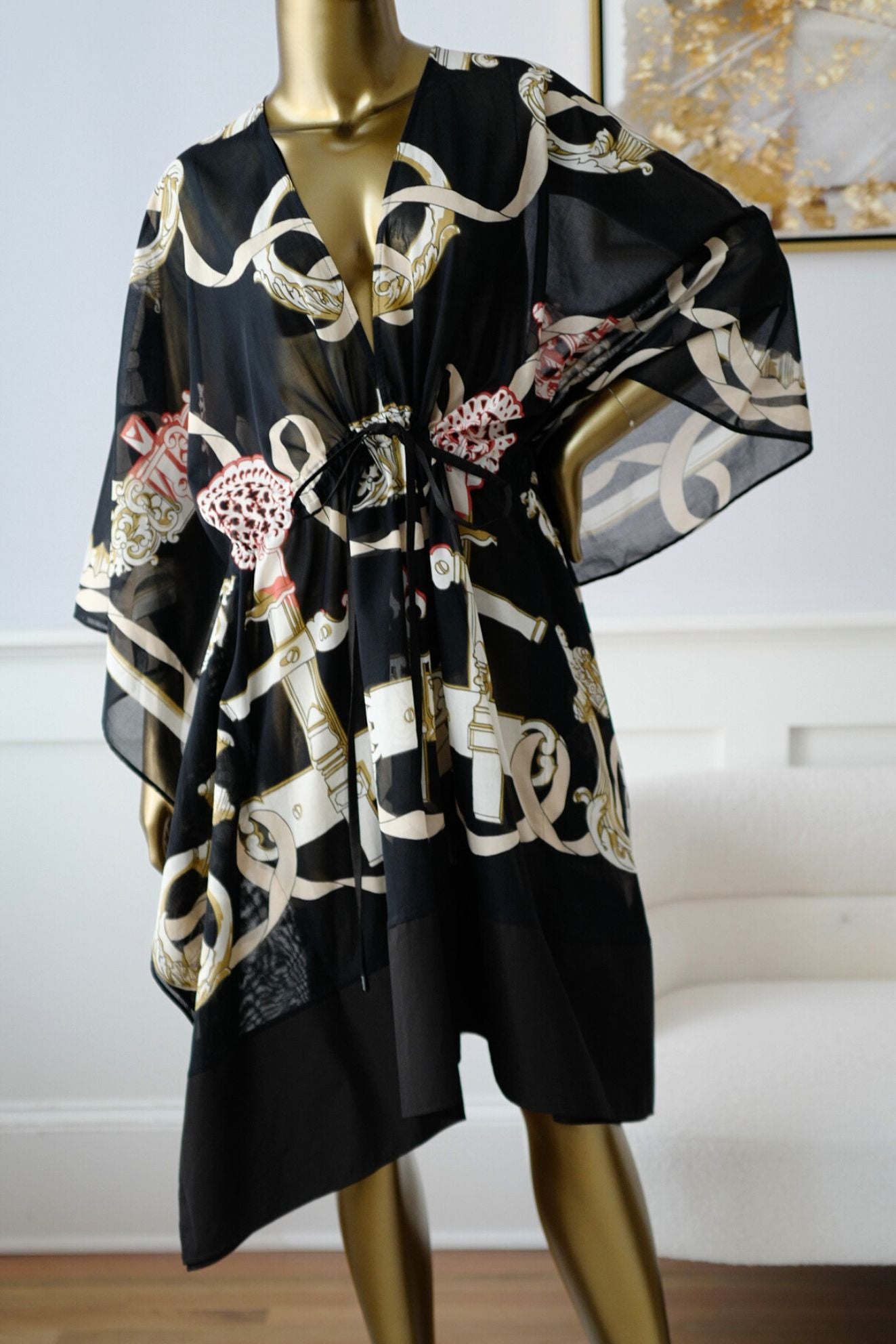 Hermès Woman Beach Caftan "Ferronnerie Remix" in Noir Cotton Voile One Size