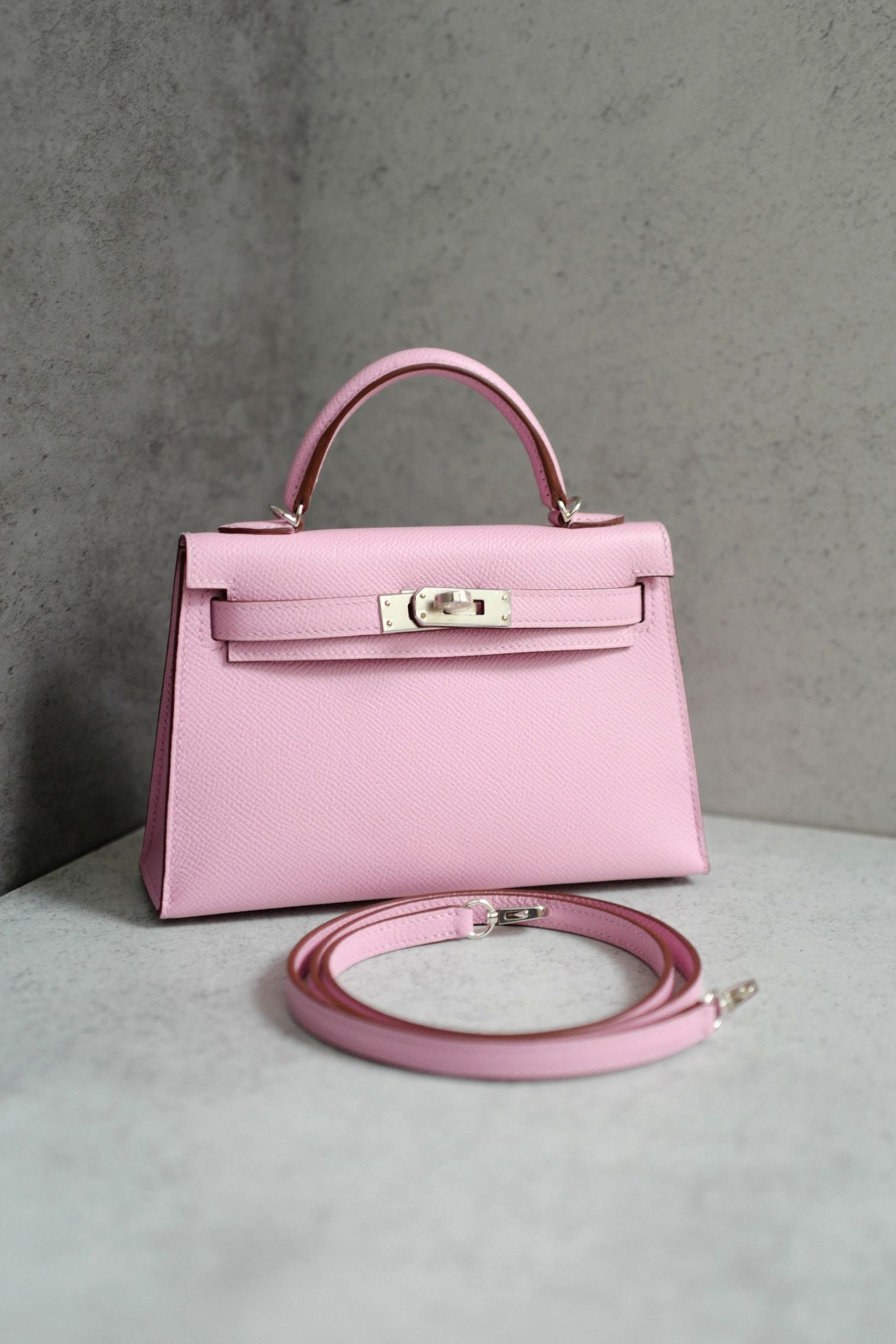 NEW Hermes Mini Kelly Mauve Sylvestre Epsom Leather Palladium Hardware