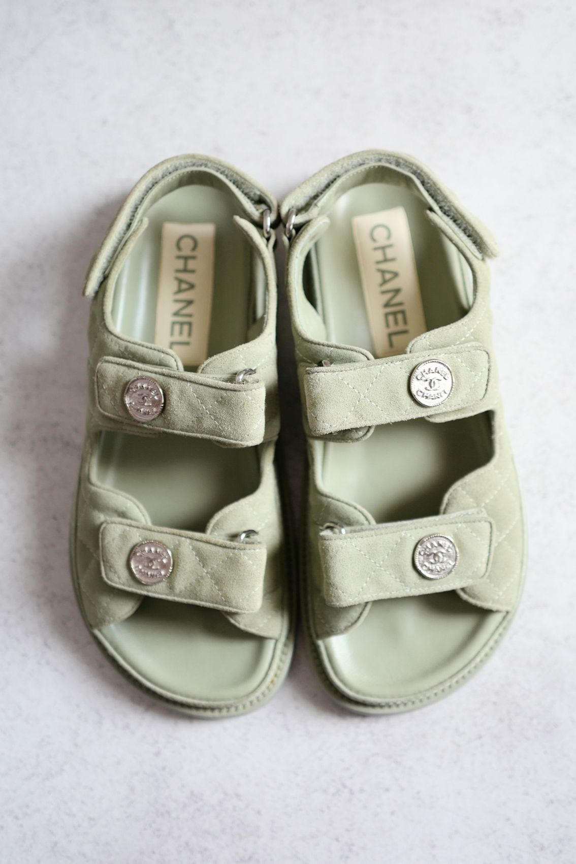 Chanel DAD SANDALS Green SUEDE LEATHER SANDAL Size 37 BNIB