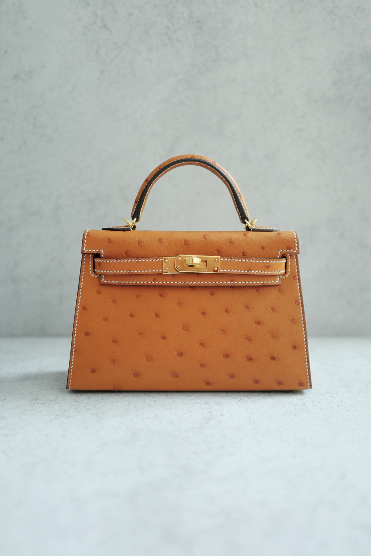 BNIB Hermes Mini Kelly HSS Cognac Ostrich with Craie Stitching GHW G Stamp 2026