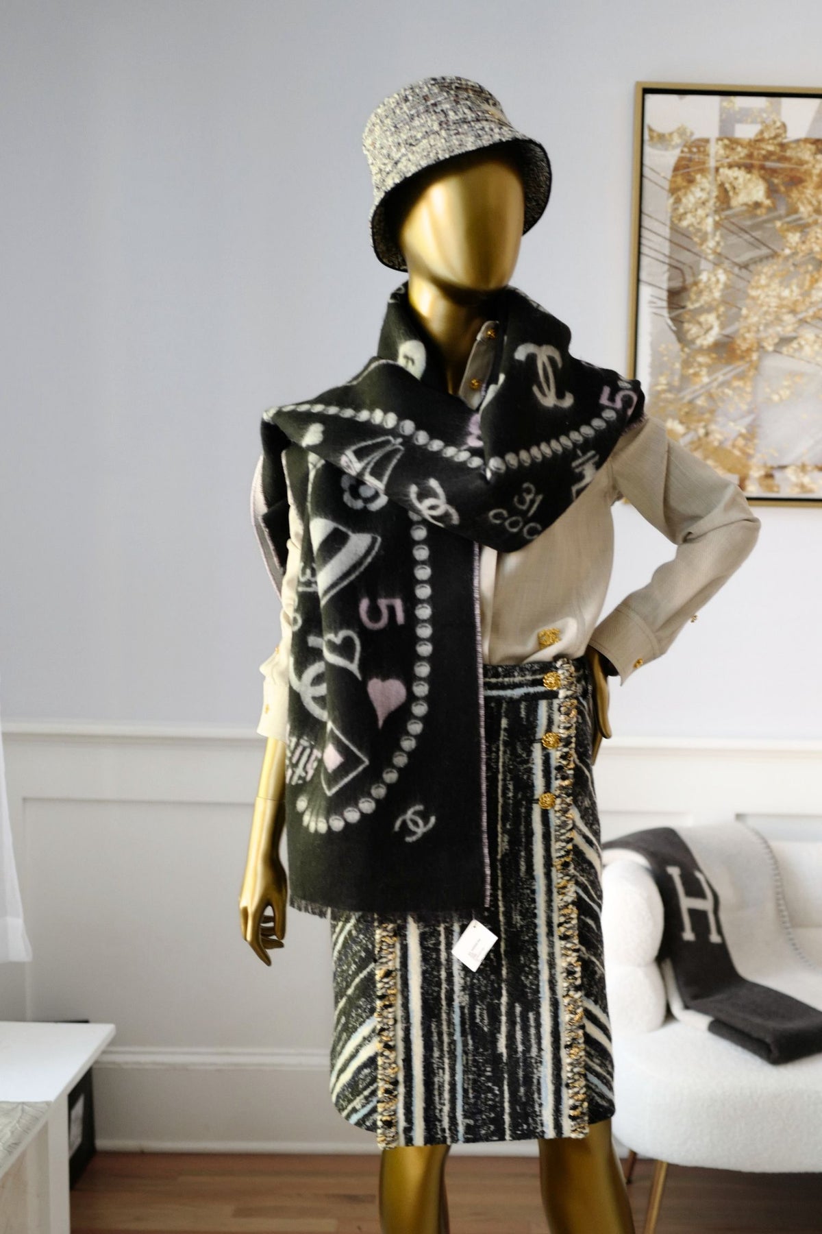 NEW Chanel 25B Black White Wool & Silk Scarf with Pearl Decoration