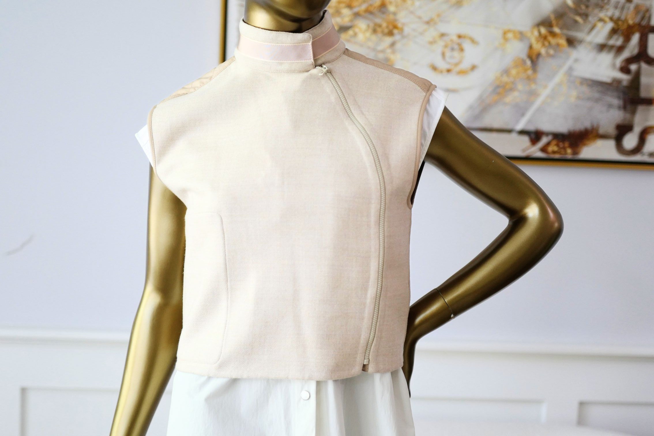 Hermès Blouson Sans Manches Mix Matière Blanc Marbre Wool Size 36