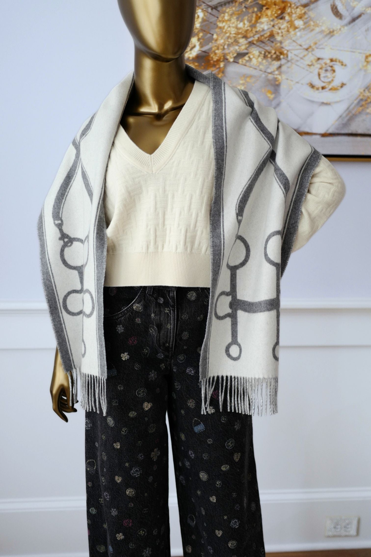 Hermès Casaque Mors Cashmere Scarf in Ivoire Gris Flanelle