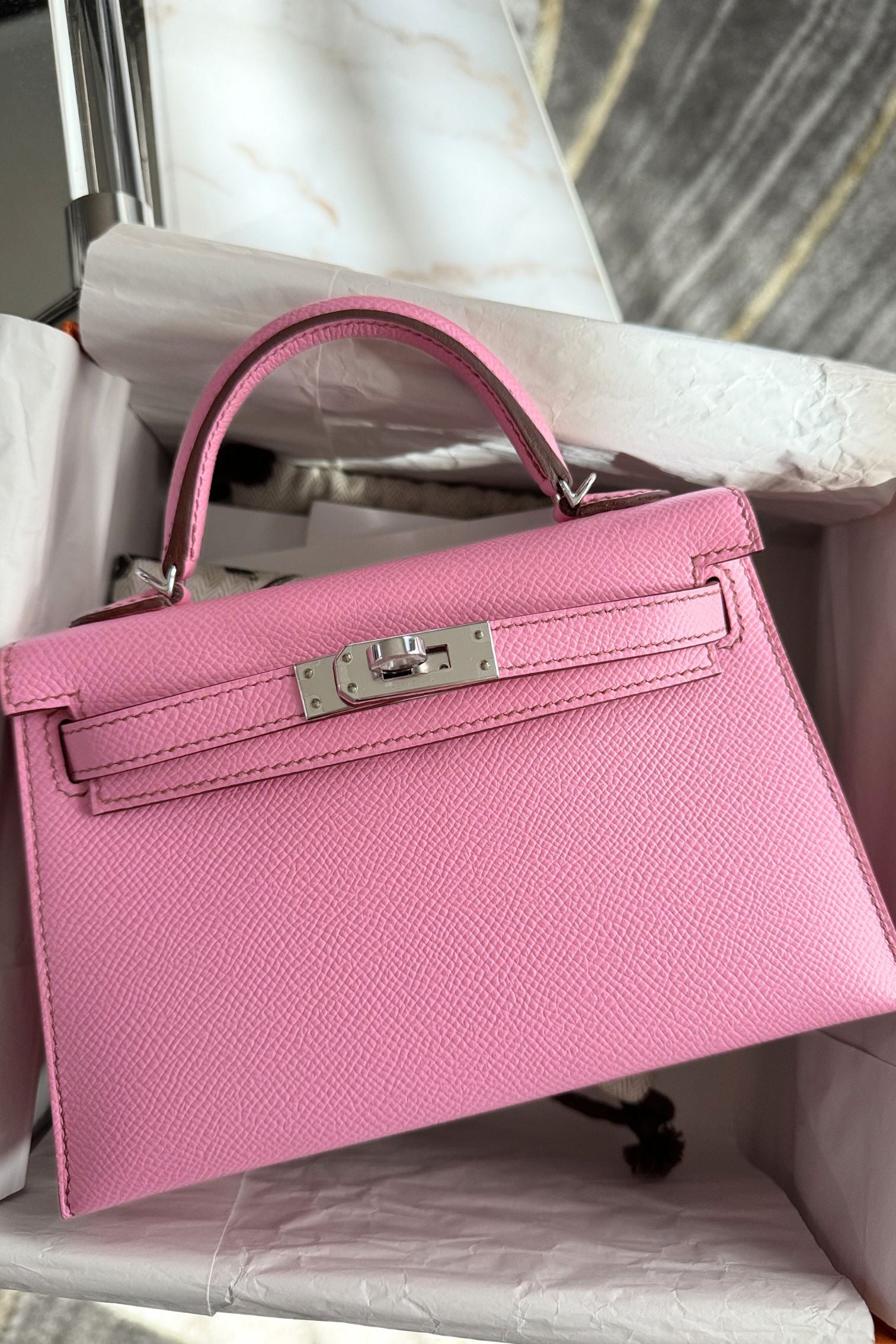 Hermes Mini Kelly 5P Bubblegum Pink Epsom Leather Palladium Hardware