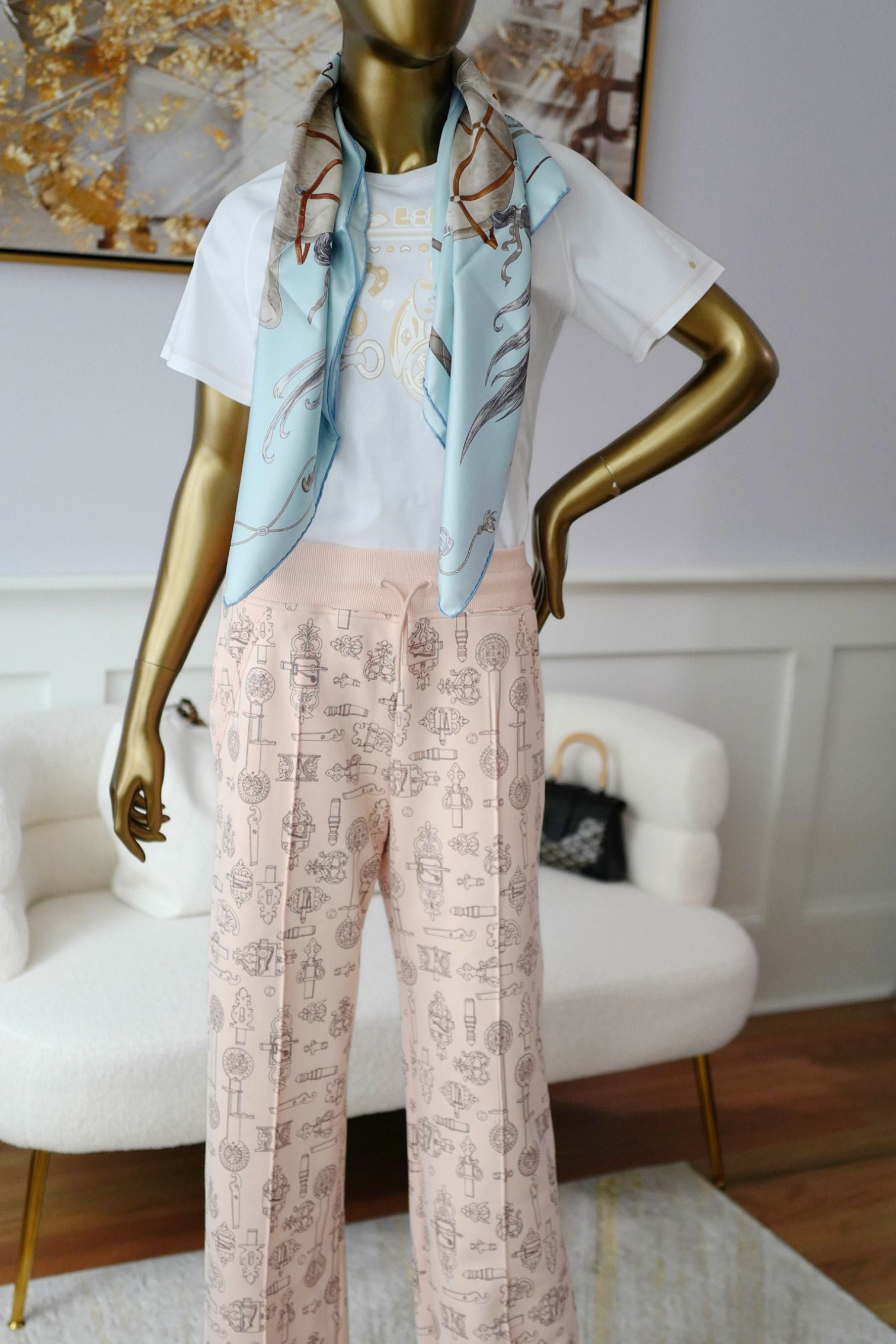 Hermès Grand Galop Scarf 90 Bleu Ciel / Gris / Cuir 100% Silk