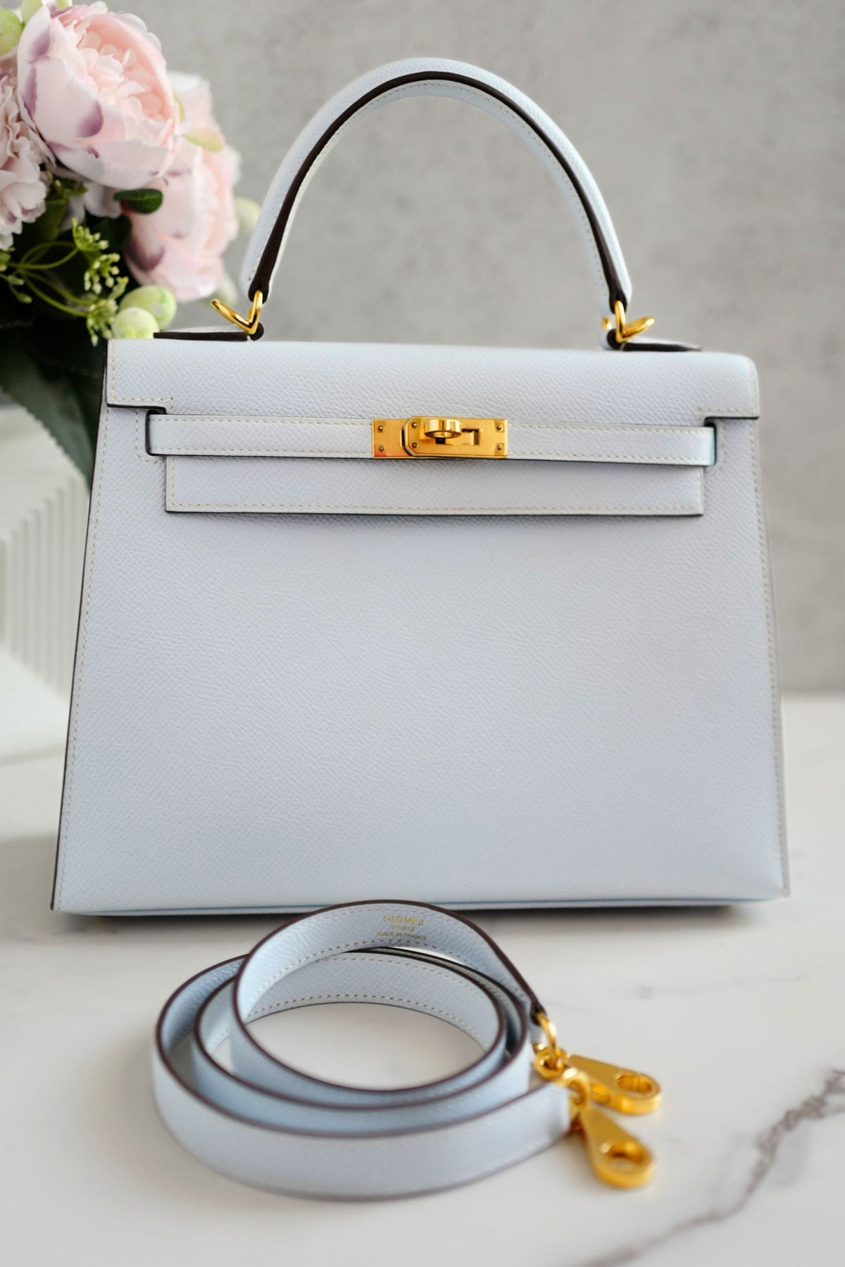 Hermes Kelly 25 Bleu Brume Epsom Sellier Gold Hardware