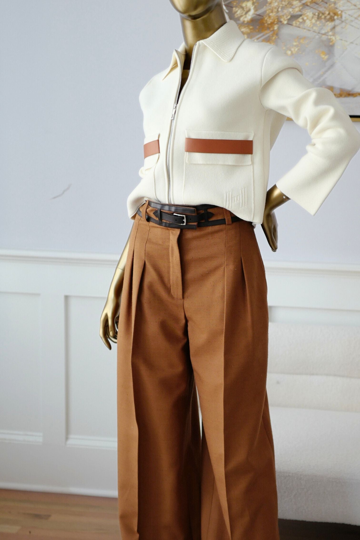 レディースジャケット　HERMES Hermès Woman Outdoor Jacket with Pockets Blanc Naturel Compact Knit Si