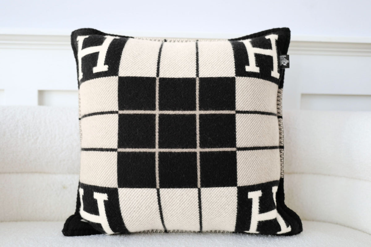 New Hermes Avalon III Jacquard Cushion Petit Modele Wool Cashmere Ecru Noir