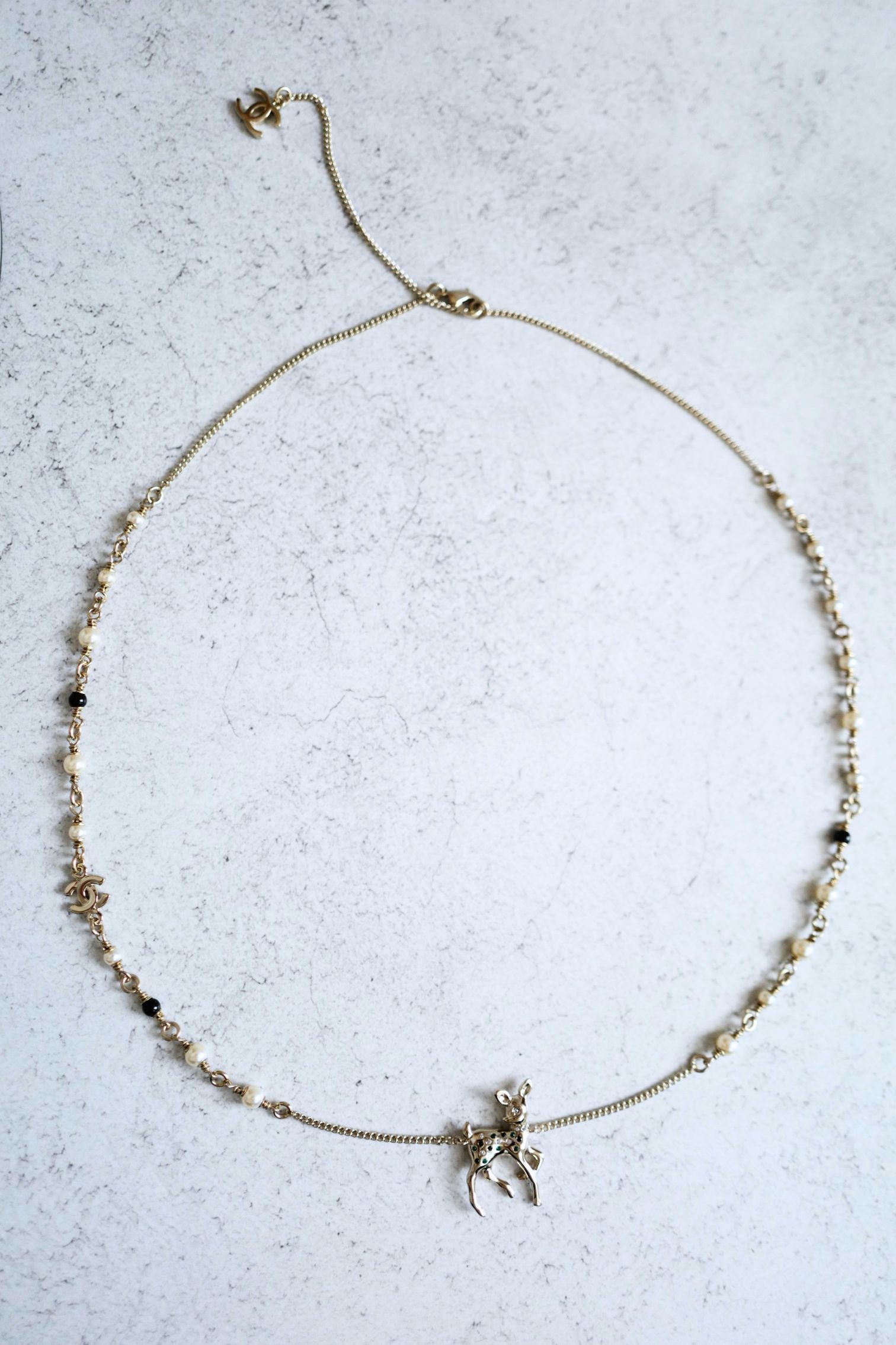 Chanel CC Deer Long Pendant Necklace Gold and Faux Pearl