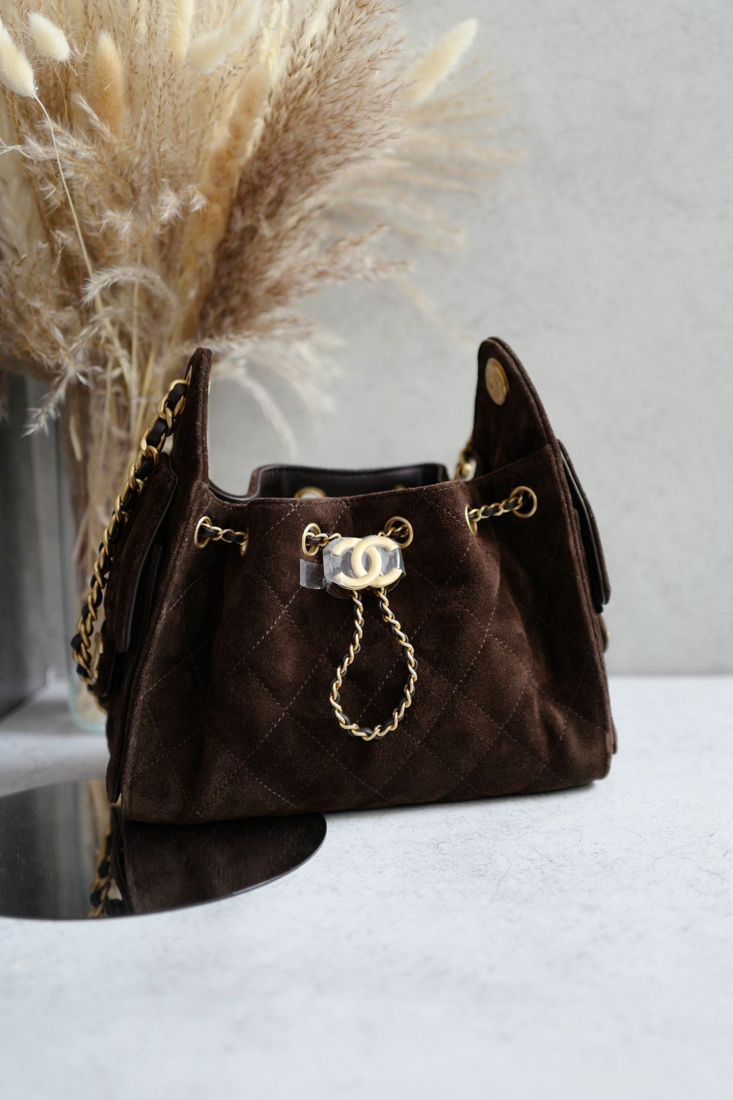 Chanel 26C Mini Hobo Dark Brown Suede Calfskin Gold Hardware