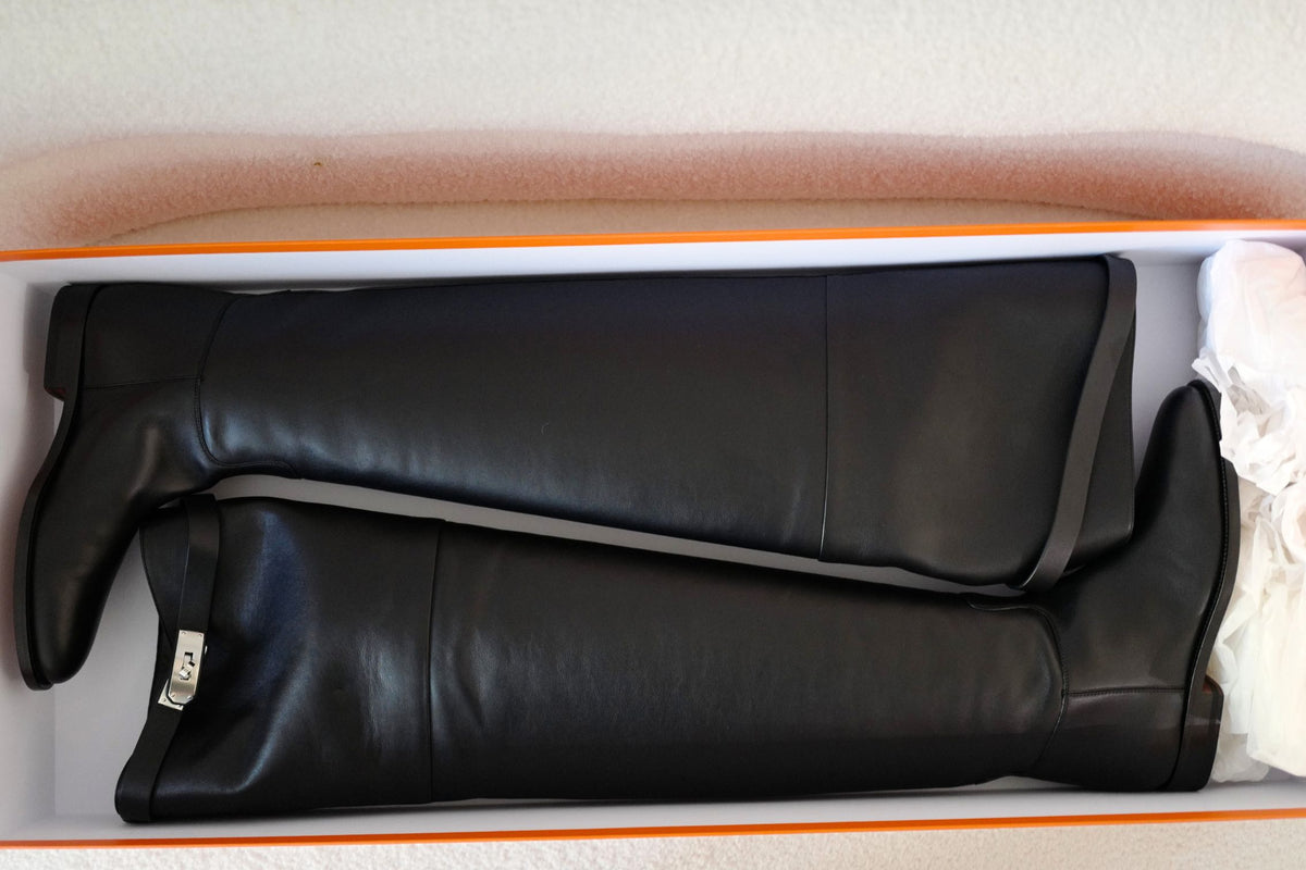 Hermes Thigh High Boots Noir Calfskin Palladium Kelly Buckle Size 38