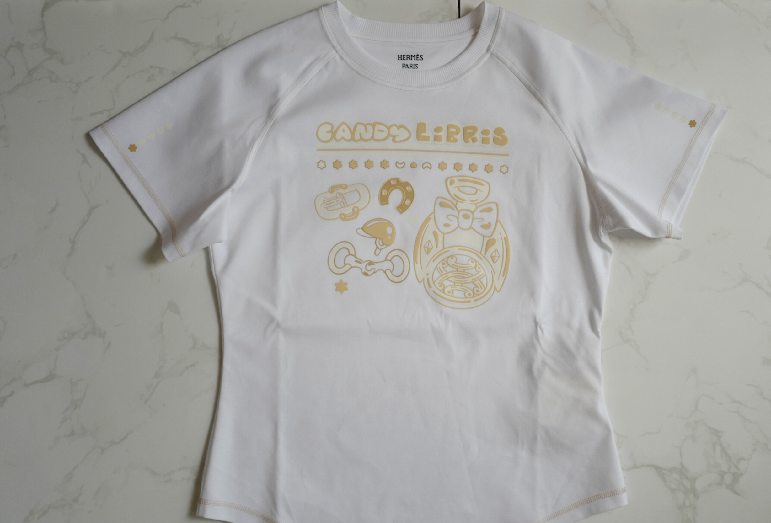 NEW Hermès Candy Libris Print T-Shirt White Cotton Size 38