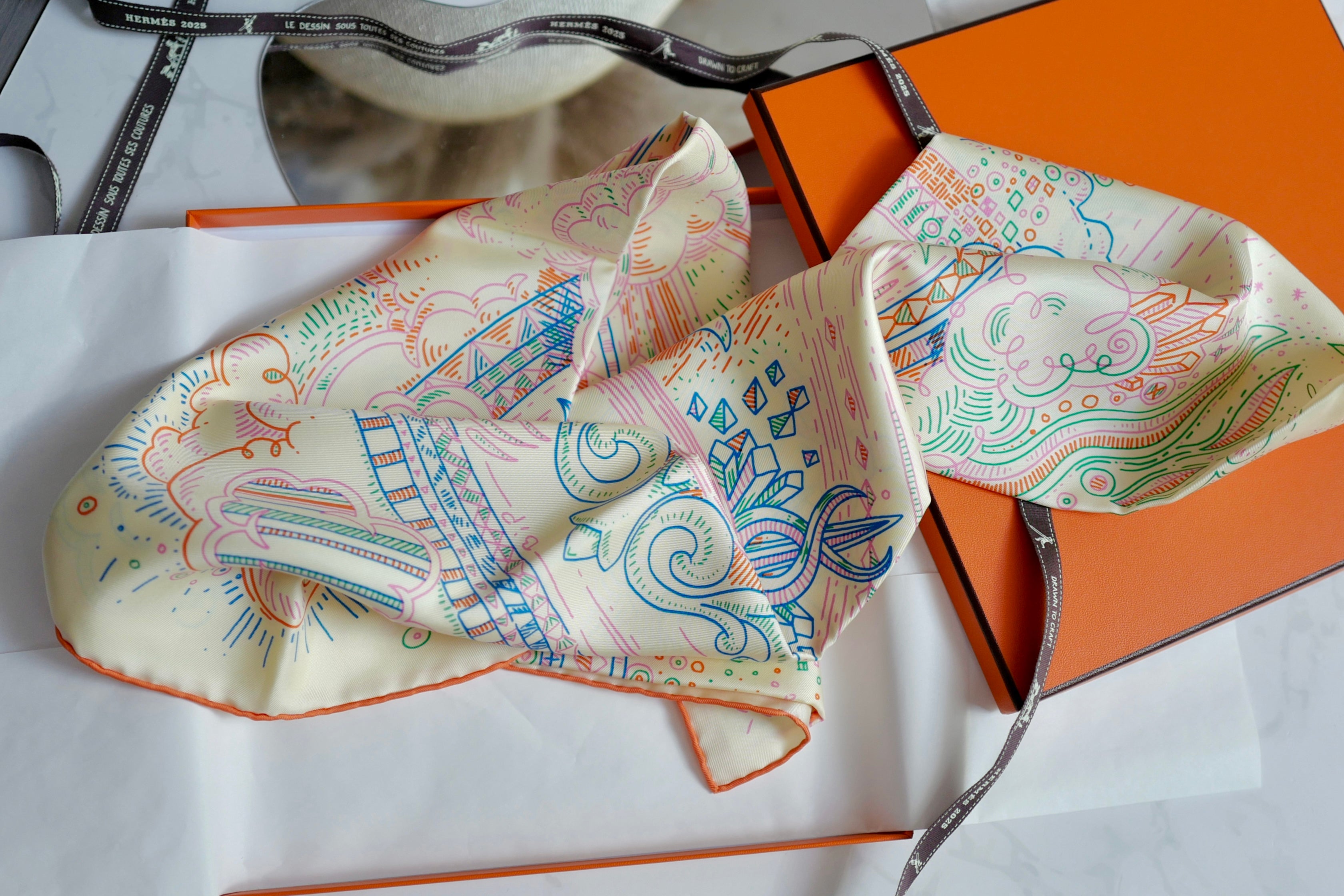 NEW Hermes Please Hold The Line Ac/Vanilla/Bleu 90 silk scarf