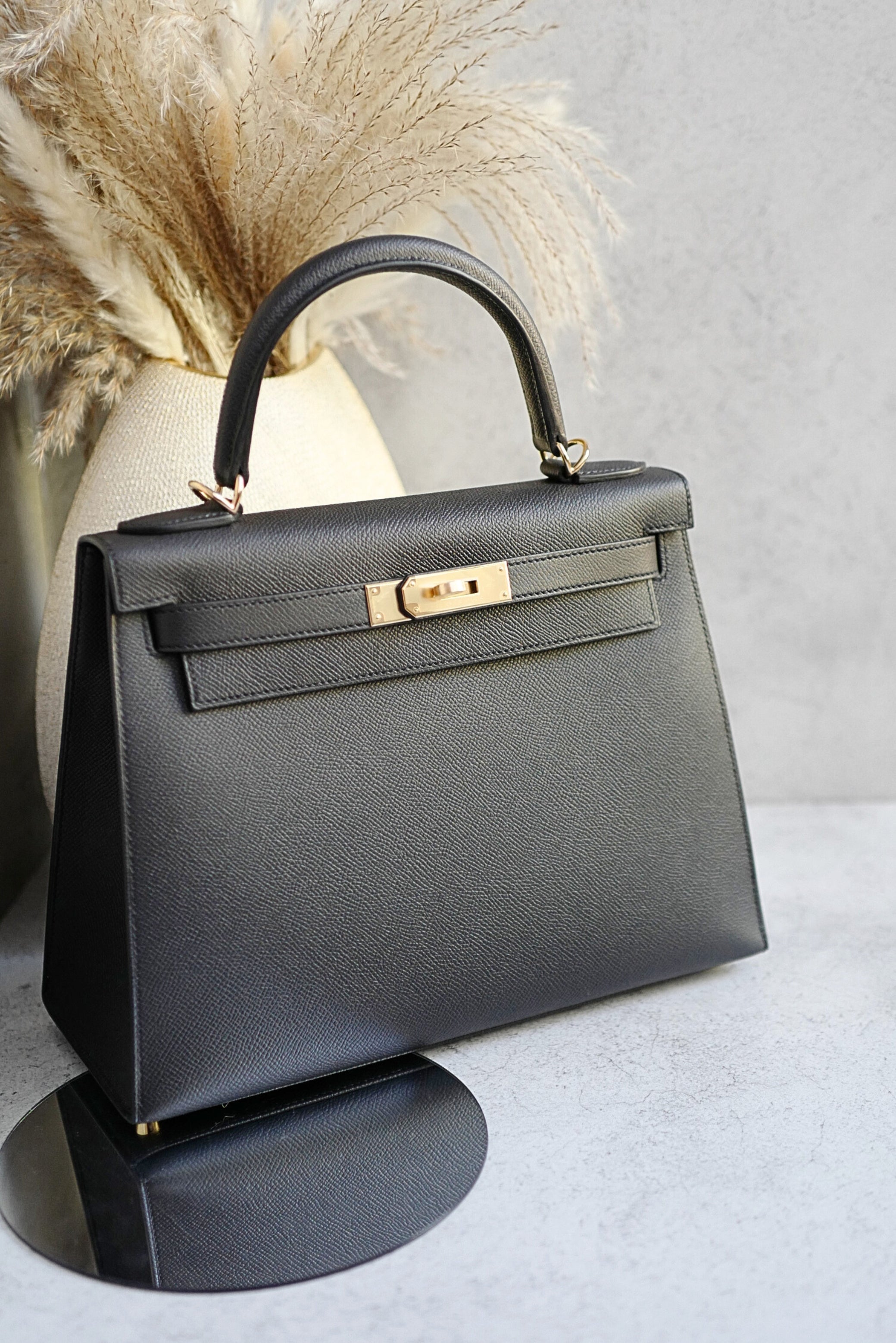 Hermes Kelly Sellier 28 Black Epsom Leather Permabrass Hardware B Stamp 2023