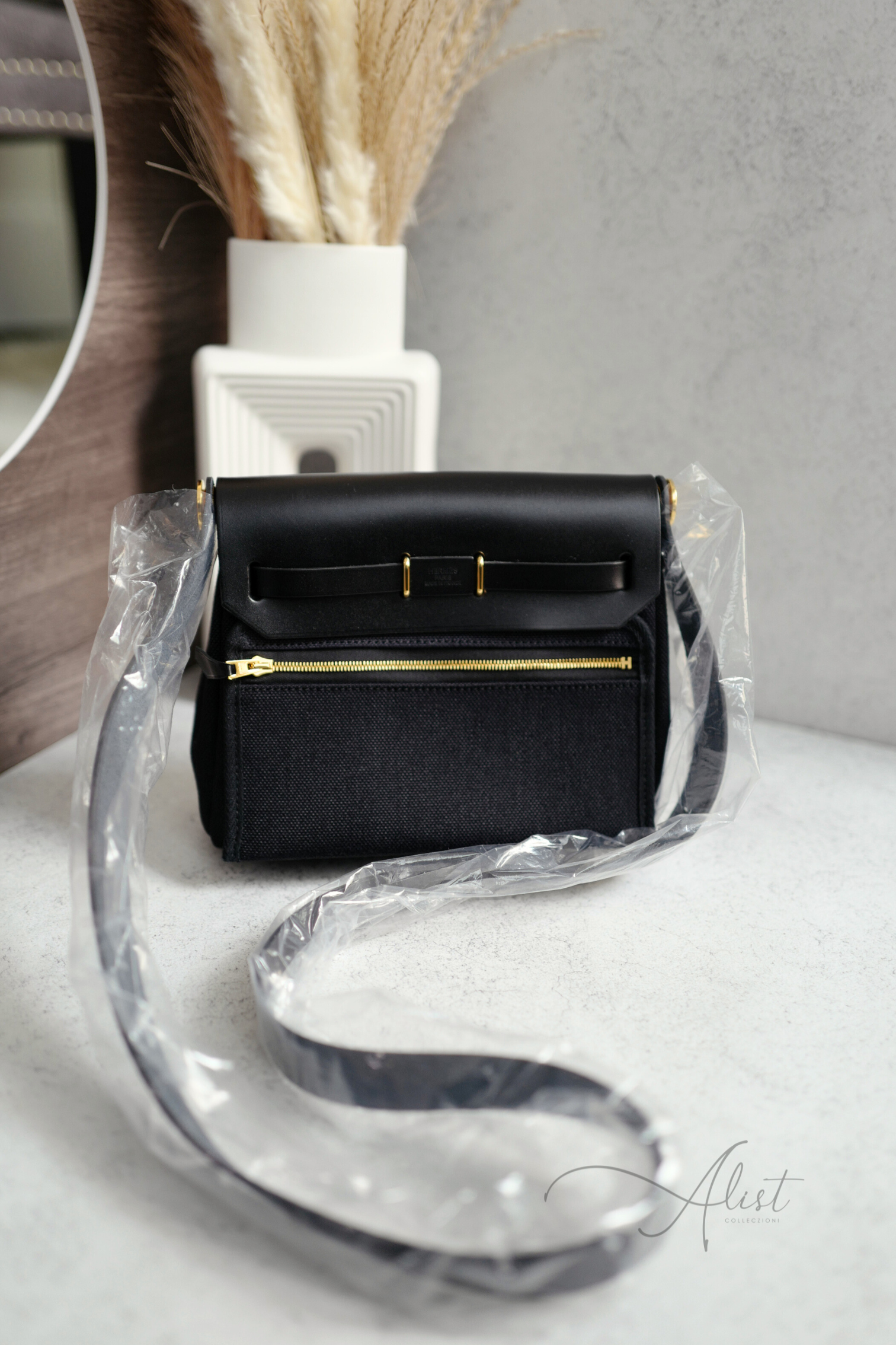 BNIB Hermes Mini Herbag Noir Black / Black With Gold Hardware W New