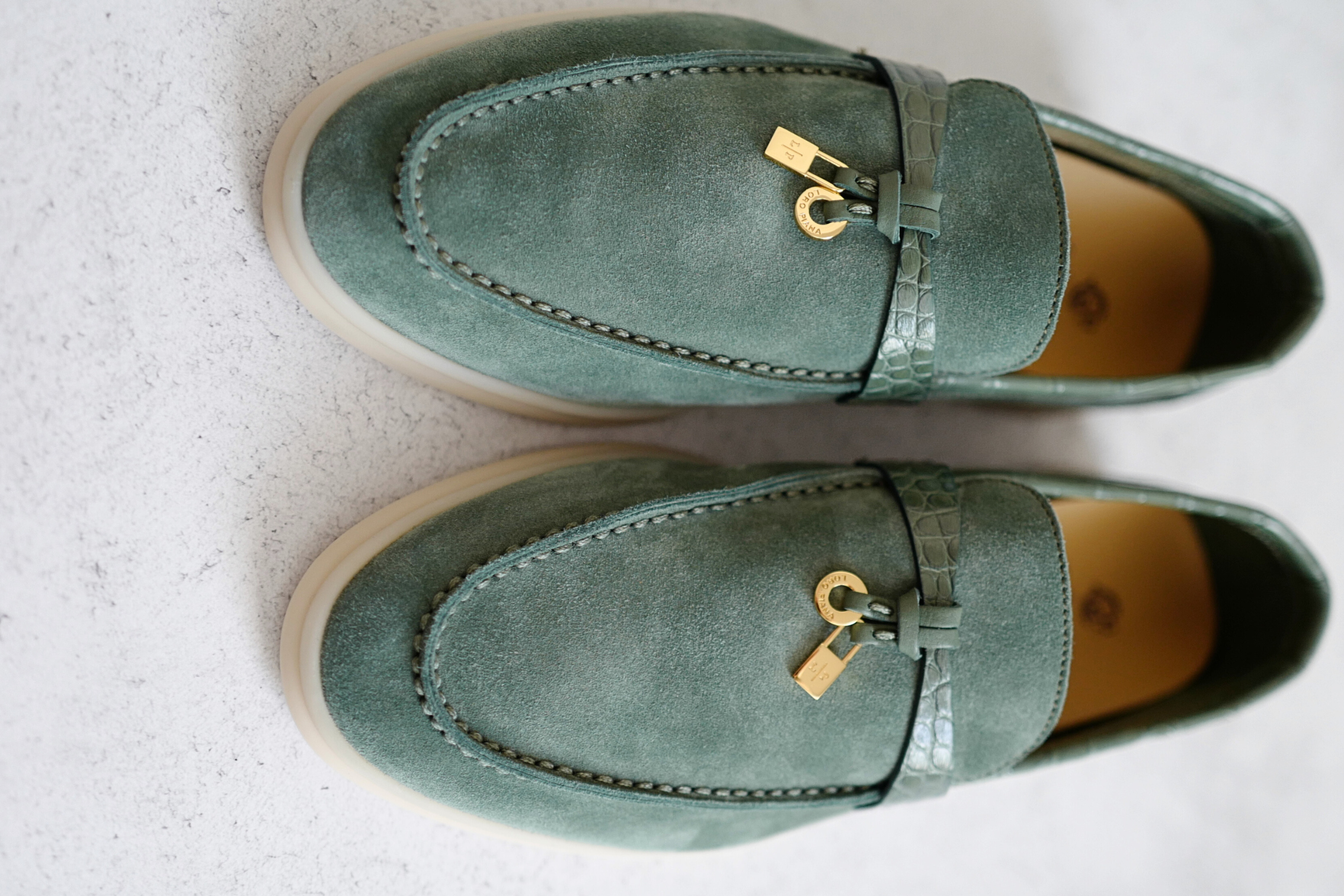 Loro Piana Summer Charms Walk Suede Loafers Green Lagoon Alligator Detail Size 36.5