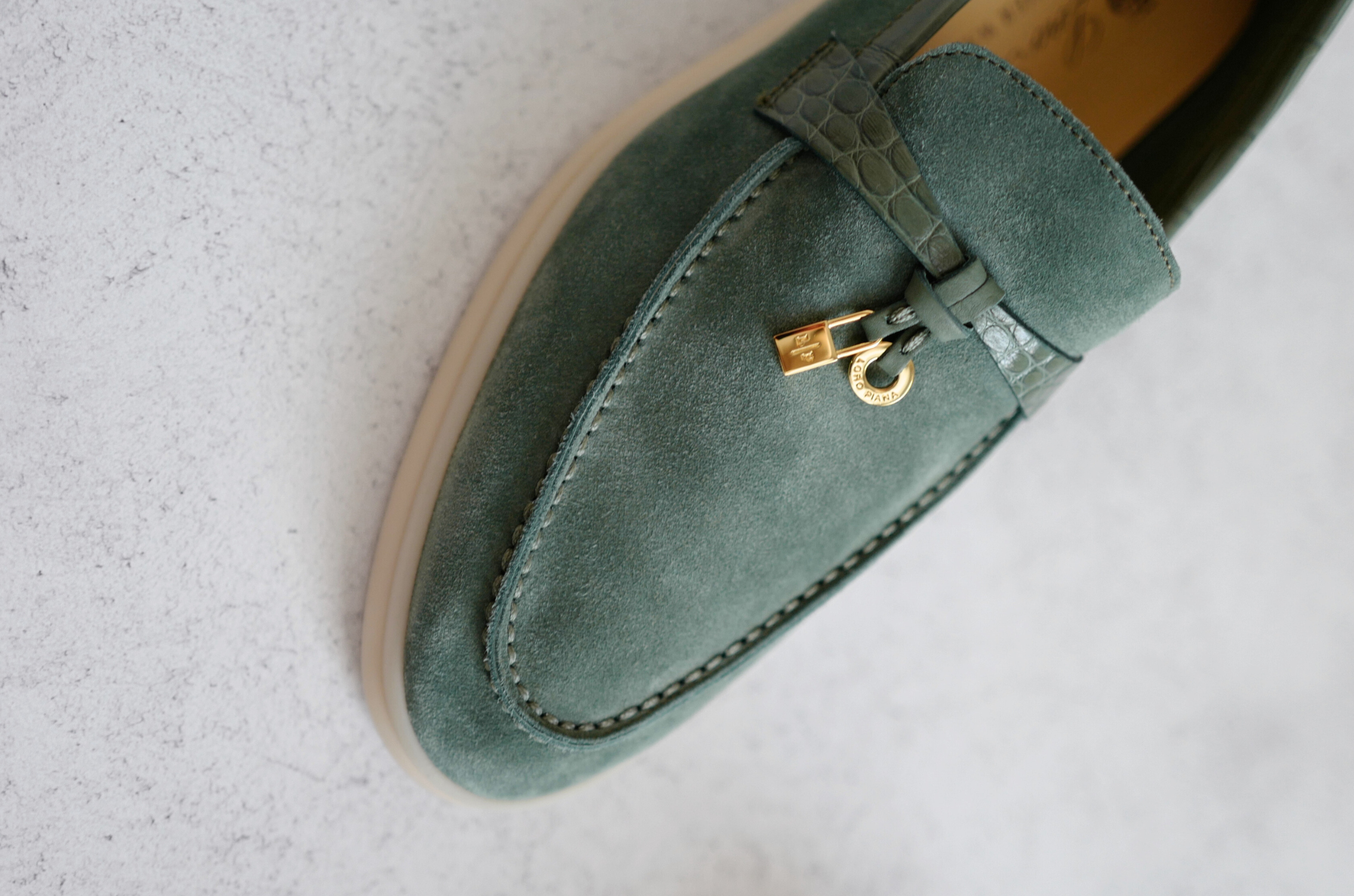 Loro Piana Summer Charms Walk Suede Loafers Green Lagoon Alligator Detail Size 36.5